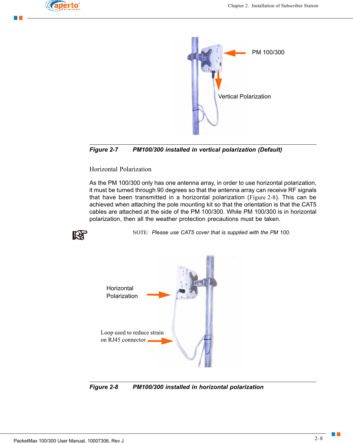 2–8PacketMax 100/300 User Manual, 10007306, Rev JChapter 2.  Installation of Subscriber StationFigure 2-7 PM100/300 installed in vertical polarization (Default)Horizontal PolarizationAs the PM 100/300 only has one antenna array, in order to use horizontal polarization, it must be turned through 90 degrees so that the antenna array can receive RF signals that have been transmitted in a horizontal polarization (Figure 2-8). This can be achieved when attaching the pole mounting kit so that the orientation is that the CAT5 cables are attached at the side of the PM 100/300. While PM 100/300 is in horizontal polarization, then all the weather protection precautions must be taken. NOTE:  Please use CAT5 cover that is supplied with the PM 100.Figure 2-8 PM100/300 installed in horizontal polarizationPM 100/300Vertical PolarizationLoop used to reduce strain on RJ45 connectorHorizontal Polarization