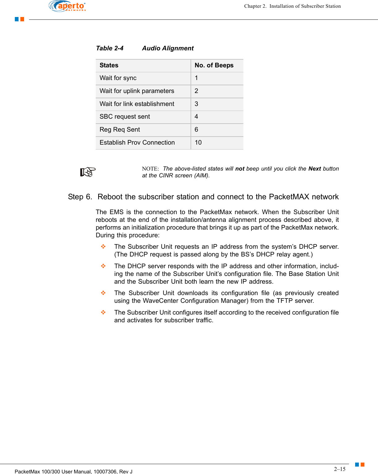 2–15PacketMax 100/300 User Manual, 10007306, Rev JChapter 2.  Installation of Subscriber StationNOTE:  The above-listed states will not beep until you click the Next button at the CINR screen (AIM).Step 6.  Reboot the subscriber station and connect to the PacketMAX networkThe EMS is the connection to the PacketMax network. When the Subscriber Unit reboots at the end of the installation/antenna alignment process described above, it performs an initialization procedure that brings it up as part of the PacketMax network. During this procedure:  The Subscriber Unit requests an IP address from the system’s DHCP server. (The DHCP request is passed along by the BS’s DHCP relay agent.)   The DHCP server responds with the IP address and other information, includ-ing the name of the Subscriber Unit’s configuration file. The Base Station Unit and the Subscriber Unit both learn the new IP address.  The Subscriber Unit downloads its configuration file (as previously created using the WaveCenter Configuration Manager) from the TFTP server.  The Subscriber Unit configures itself according to the received configuration file and activates for subscriber traffic.Table 2-4 Audio AlignmentStates No. of BeepsWait for sync 1Wait for uplink parameters 2Wait for link establishment 3SBC request sent 4Reg Req Sent 6Establish Prov Connection 10