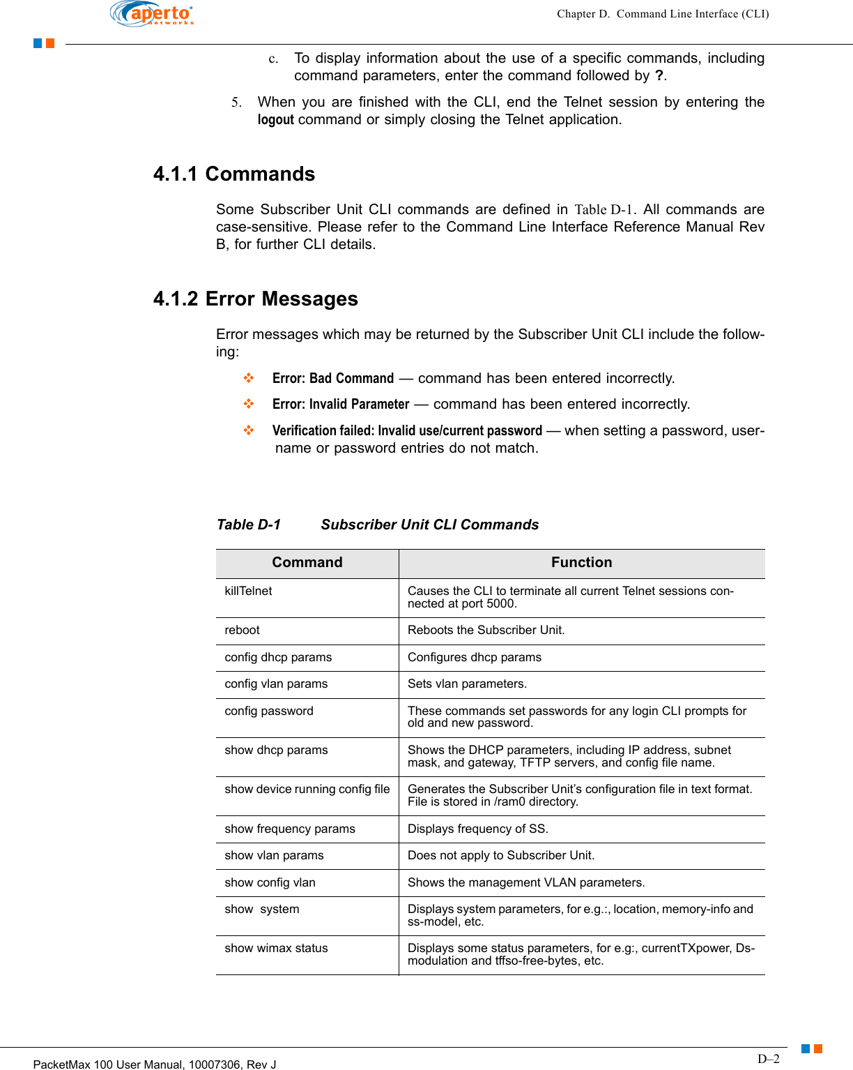 D–2PacketMax 100 User Manual, 10007306, Rev JChapter D.  Command Line Interface (CLI)c. To display information about the use of a specific commands, including command parameters, enter the command followed by ?.5. When you are finished with the CLI, end the Telnet session by entering the logout command or simply closing the Telnet application.4.1.1 CommandsSome Subscriber Unit CLI commands are defined in Table D-1. All commands are case-sensitive. Please refer to the Command Line Interface Reference Manual Rev B, for further CLI details.4.1.2 Error MessagesError messages which may be returned by the Subscriber Unit CLI include the follow-ing:  Error: Bad Command — command has been entered incorrectly.  Error: Invalid Parameter — command has been entered incorrectly.  Verification failed: Invalid use/current password — when setting a password, user-name or password entries do not match.Table D-1 Subscriber Unit CLI CommandsCommand FunctionkillTelnet Causes the CLI to terminate all current Telnet sessions con-nected at port 5000.reboot Reboots the Subscriber Unit.config dhcp params Configures dhcp paramsconfig vlan params Sets vlan parameters.config password These commands set passwords for any login CLI prompts for old and new password.show dhcp params Shows the DHCP parameters, including IP address, subnet mask, and gateway, TFTP servers, and config file name.show device running config file Generates the Subscriber Unit’s configuration file in text format. File is stored in /ram0 directory.show frequency params Displays frequency of SS.show vlan params Does not apply to Subscriber Unit.show config vlan Shows the management VLAN parameters.show  system Displays system parameters, for e.g.:, location, memory-info and ss-model, etc.show wimax status Displays some status parameters, for e.g:, currentTXpower, Ds-modulation and tffso-free-bytes, etc.