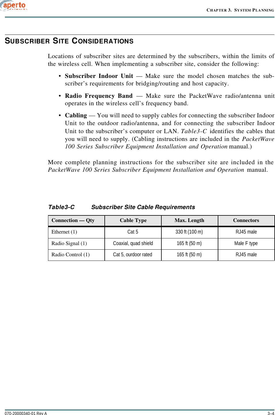 CHAPTER 3.  SYSTEM PLANNING3–4070-20000340-01 Rev ASUBSCRIBER SITE CONSIDERATIONSLocations of subscriber sites are determined by the subscribers, within the limits ofthe wireless cell. When implementing a subscriber site, consider the following:•Subscriber Indoor Unit — Make sure the model chosen matches the sub-scriber’s requirements for bridging/routing and host capacity.•Radio Frequency Band — Make sure the PacketWave radio/antenna unitoperates in the wireless cell’s frequency band.•Cabling — You will need to supply cables for connecting the subscriber IndoorUnit to the outdoor radio/antenna, and for connecting the subscriber IndoorUnit to the subscriber’s computer or LAN. Table3-C identifies the cables thatyou will need to supply. (Cabling instructions are included in the PacketWave100 Series Subscriber Equipment Installation and Operation manual.)More complete planning instructions for the subscriber site are included in thePacketWave 100 Series Subscriber Equipment Installation and Operation manual.Table3-C Subscriber Site Cable RequirementsConnection — Qty Cable Type Max. Length ConnectorsEthernet (1) Cat 5 330 ft (100 m) RJ45 maleRadio Signal (1) Coaxial, quad shield 165 ft (50 m) Male F typeRadio Control (1) Cat 5, ourdoor rated 165 ft (50 m) RJ45 male