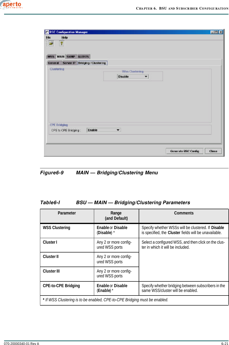 6–21070-20000340-01 Rev ACHAPTER 6.  BSU AND S UBSCRIBER CONFIGURATIONFigure6-9 MAIN — Bridging/Clustering MenuTable6-I BSU — MAIN — Bridging/Clustering ParametersParameter Range(and Default) CommentsWSS Clustering Enable or Disable(Disable) * Specify whether WSSs will be clustered. If Disable is specified, the Cluster fields will be unavailable.Cluster I Any 2 or more config-ured WSS ports Select a configured WSS, and then click on the clus-ter in which it will be included.Cluster II Any 2 or more config-ured WSS portsCluster III Any 2 or more config-ured WSS portsCPE-to-CPE Bridging Enable or Disable(Enable) * Specify whether bridging between subscribers in the same WSS/cluster will be enabled.* If WSS Clustering is to be enabled, CPE-to-CPE Bridging must be enabled.