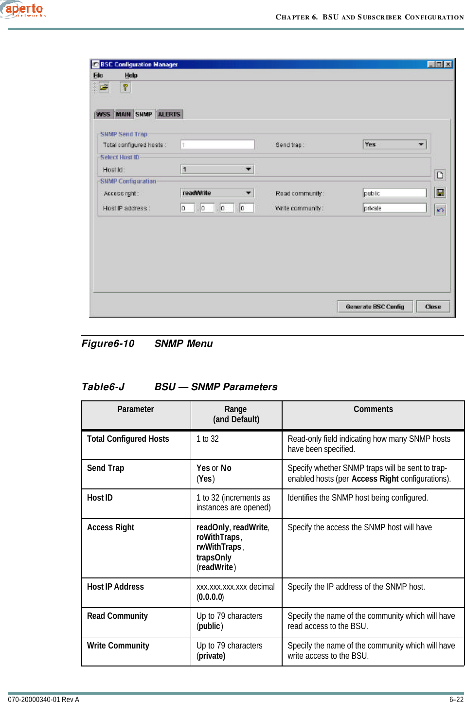 CHAPTER 6.  BSU AND S UBSCRIBER CONFIGURATION6–22070-20000340-01 Rev AFigure6-10 SNMP MenuTable6-J BSU — SNMP Parameters Parameter Range(and Default) CommentsTotal Configured Hosts 1 to 32 Read-only field indicating how many SNMP hosts have been specified.Send Trap Yes or No(Yes)Specify whether SNMP traps will be sent to trap-enabled hosts (per Access Right configurations).Host ID 1 to 32 (increments as instances are opened) Identifies the SNMP host being configured.Access Right readOnly, readWrite, roWithTraps, rwWithTraps, trapsOnly(readWrite)Specify the access the SNMP host will haveHost IP Address xxx.xxx.xxx.xxx decimal(0.0.0.0)Specify the IP address of the SNMP host.Read Community Up to 79 characters(public)Specify the name of the community which will have read access to the BSU.Write Community Up to 79 characters(private) Specify the name of the community which will have write access to the BSU.