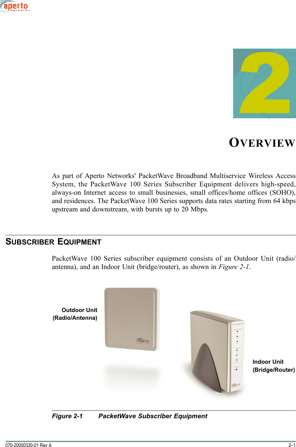 2–1070-20000330-01 Rev A2OVERVIEWAs part of Aperto Networks&apos; PacketWave Broadband Multiservice Wireless AccessSystem, the PacketWave 100 Series Subscriber Equipment delivers high-speed,always-on Internet access to small businesses, small offices/home offices (SOHO),and residences. The PacketWave 100 Series supports data rates starting from 64 kbpsupstream and downstream, with bursts up to 20 Mbps.SUBSCRIBER EQUIPMENTPacketWave 100 Series subscriber equipment consists of an Outdoor Unit (radio/antenna), and an Indoor Unit (bridge/router), as shown in Figure 2-1.Figure 2-1 PacketWave Subscriber EquipmentOutdoor Unit(Radio/Antenna)Indoor Unit(Bridge/Router)