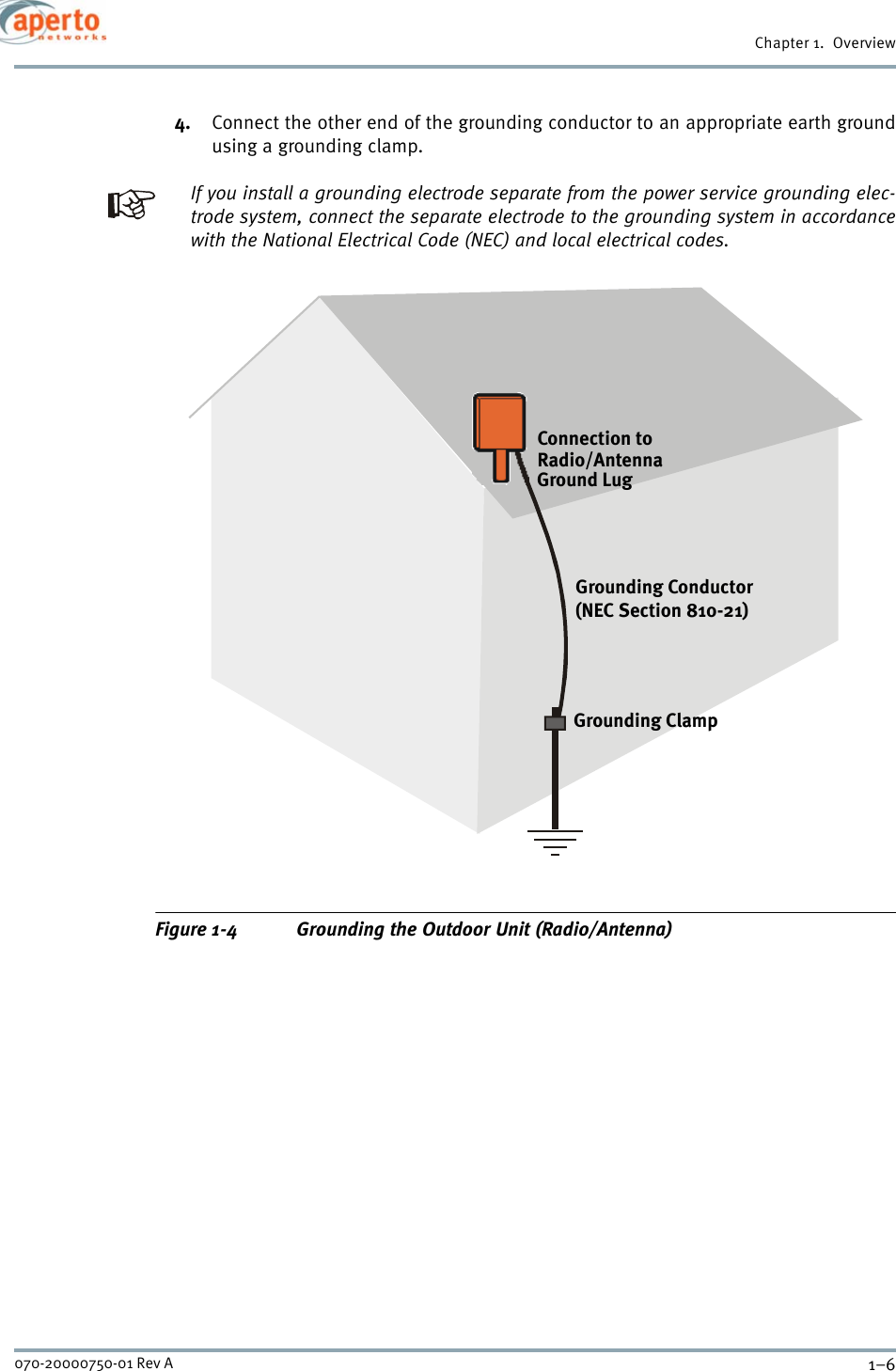 Chapter 1.  Overview1–6070-20000750-01 Rev A4. Connect the other end of the grounding conductor to an appropriate earth groundusing a grounding clamp.If you install a grounding electrode separate from the power service grounding elec-trode system, connect the separate electrode to the grounding system in accordancewith the National Electrical Code (NEC) and local electrical codes.Figure 1-4 Grounding the Outdoor Unit (Radio/Antenna)Connection toRadio/AntennaGround LugGrounding Conductor(NEC Section 810-21)Grounding Clamp