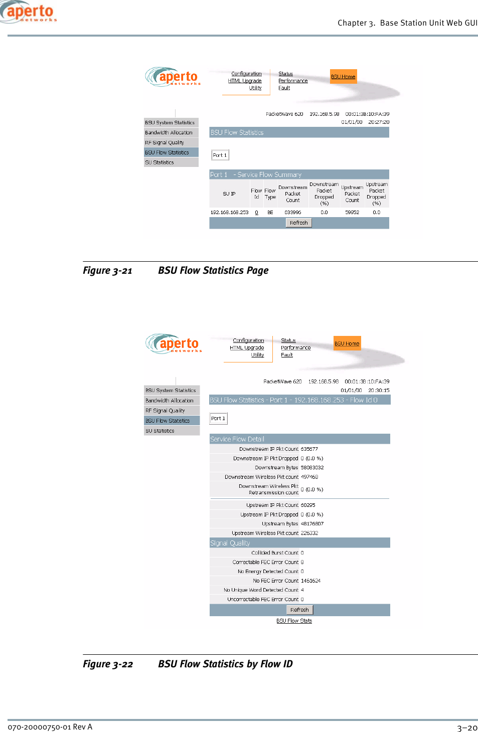 Chapter 3.  Base Station Unit Web GUI3–20070-20000750-01 Rev AFigure 3-21 BSU Flow Statistics PageFigure 3-22 BSU Flow Statistics by Flow ID