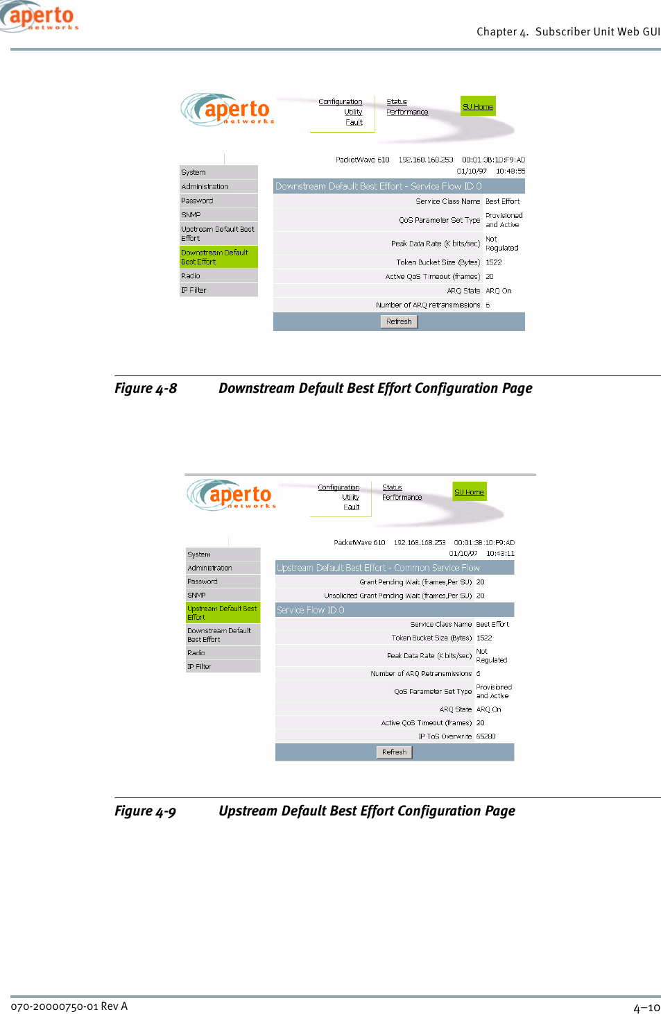 Chapter 4.  Subscriber Unit Web GUI4–10070-20000750-01 Rev AFigure 4-8 Downstream Default Best Effort Configuration PageFigure 4-9 Upstream Default Best Effort Configuration Page