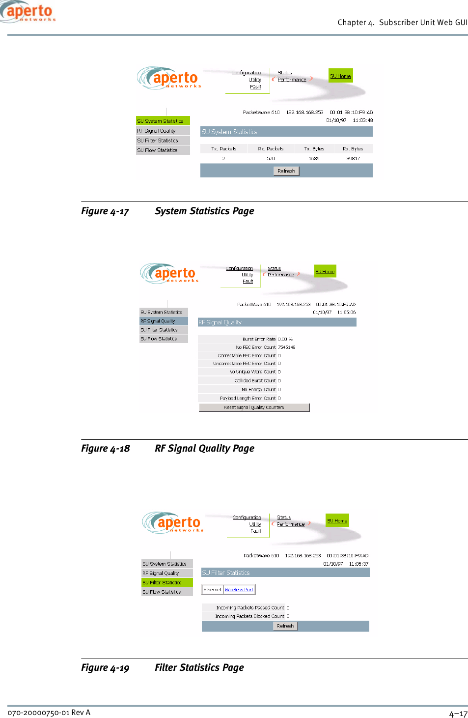 4–17070-20000750-01 Rev AChapter 4.  Subscriber Unit Web GUIFigure 4-17 System Statistics PageFigure 4-18 RF Signal Quality PageFigure 4-19 Filter Statistics Page