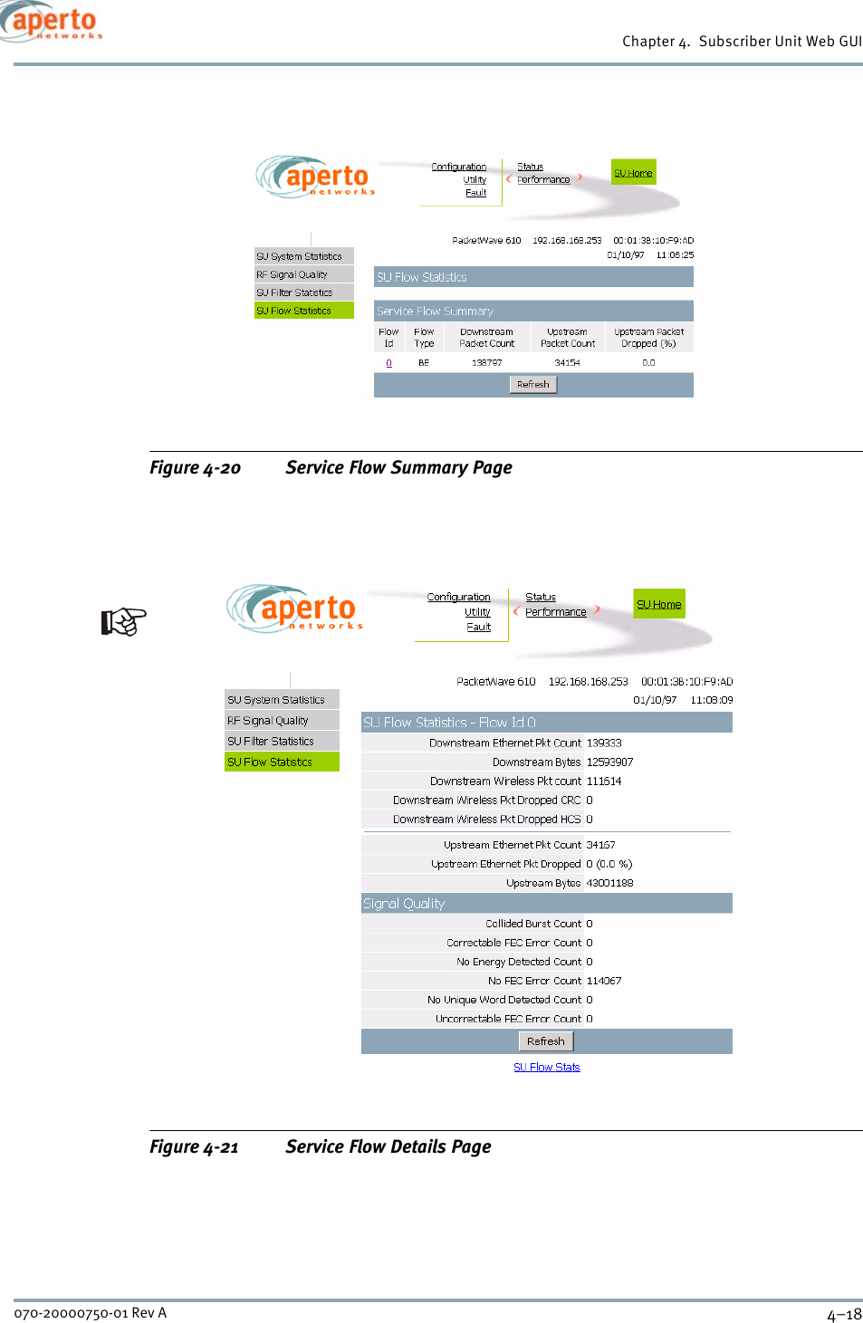 Chapter 4.  Subscriber Unit Web GUI4–18070-20000750-01 Rev AFigure 4-20 Service Flow Summary PageFigure 4-21 Service Flow Details Page