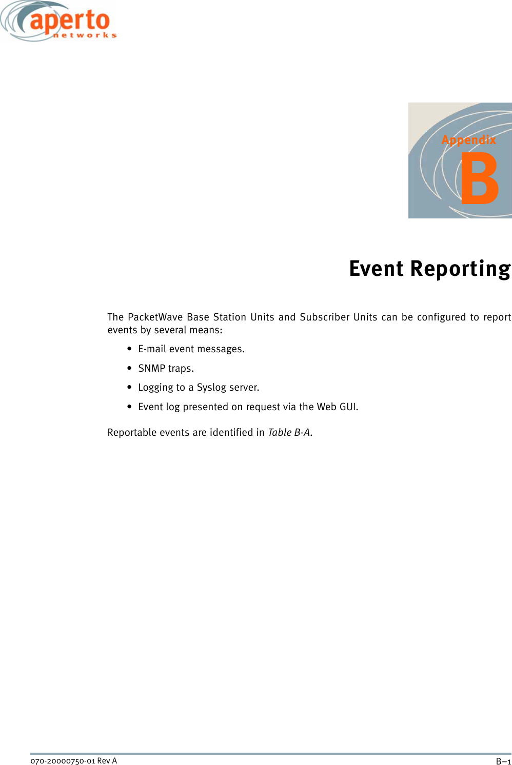 B–1070-20000750-01 Rev AAppendixBEvent ReportingThe PacketWave Base Station Units and Subscriber Units can be configured to reportevents by several means:• E-mail event messages.•SNMP traps.• Logging to a Syslog server.• Event log presented on request via the Web GUI.Reportable events are identified in Table B-A.