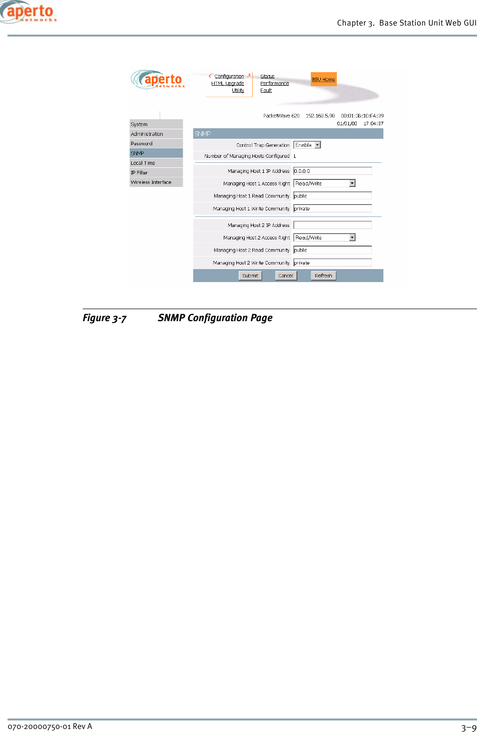 3–9070-20000750-01 Rev AChapter 3.  Base Station Unit Web GUIFigure 3-7 SNMP Configuration Page