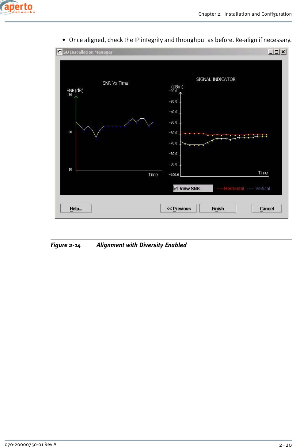 Chapter 2.  Installation and Configuration2–20070-20000750-01 Rev A• Once aligned, check the IP integrity and throughput as before. Re-align if necessary.Figure 2-14 Alignment with Diversity Enabled