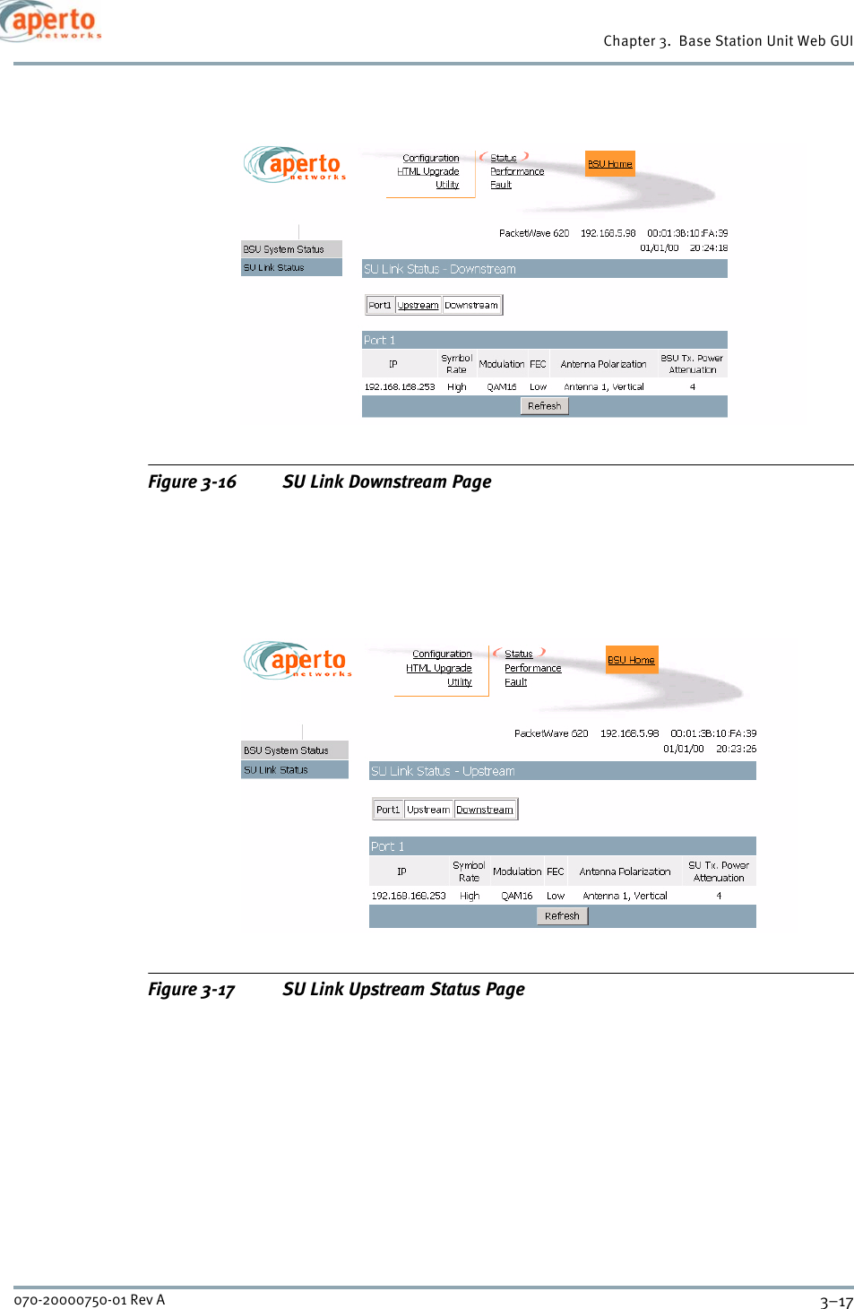 3–17070-20000750-01 Rev AChapter 3.  Base Station Unit Web GUIFigure 3-16 SU Link Downstream PageFigure 3-17 SU Link Upstream Status Page