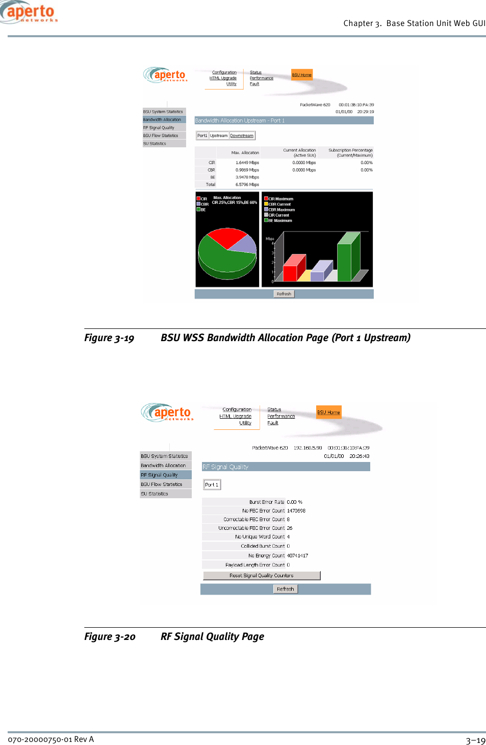 3–19070-20000750-01 Rev AChapter 3.  Base Station Unit Web GUIFigure 3-19 BSU WSS Bandwidth Allocation Page (Port 1 Upstream)Figure 3-20 RF Signal Quality Page