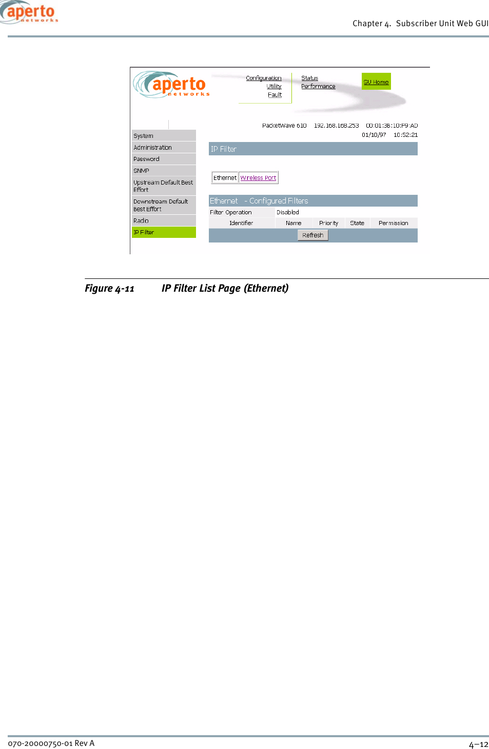 Chapter 4.  Subscriber Unit Web GUI4–12070-20000750-01 Rev AFigure 4-11 IP Filter List Page (Ethernet)