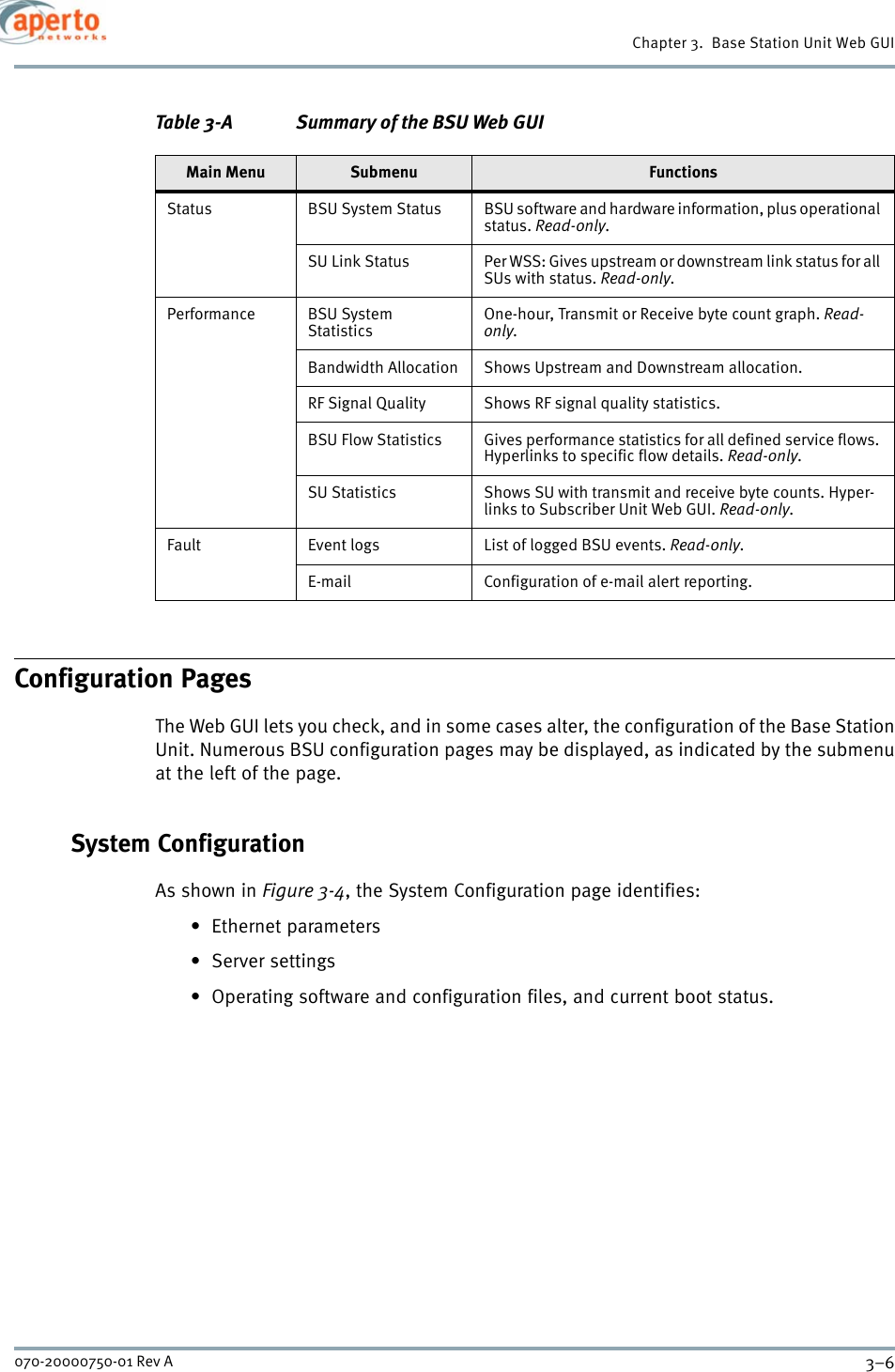 Chapter 3.  Base Station Unit Web GUI3–6070-20000750-01 Rev AConfiguration PagesThe Web GUI lets you check, and in some cases alter, the configuration of the Base StationUnit. Numerous BSU configuration pages may be displayed, as indicated by the submenuat the left of the page.System ConfigurationAs shown in Figure 3-4, the System Configuration page identifies:• Ethernet parameters•Server settings• Operating software and configuration files, and current boot status. Status BSU System Status BSU software and hardware information, plus operational status. Read-only.SU Link Status Per WSS: Gives upstream or downstream link status for all SUs with status. Read-only.Performance BSU System StatisticsOne-hour, Transmit or Receive byte count graph. Read-only.Bandwidth Allocation Shows Upstream and Downstream allocation.RF Signal Quality Shows RF signal quality statistics.BSU Flow Statistics Gives performance statistics for all defined service flows. Hyperlinks to specific flow details. Read-only.SU Statistics Shows SU with transmit and receive byte counts. Hyper-links to Subscriber Unit Web GUI. Read-only.Fault Event logs List of logged BSU events. Read-only.E-mail Configuration of e-mail alert reporting.Table 3-A Summary of the BSU Web GUIMain Menu Submenu Functions