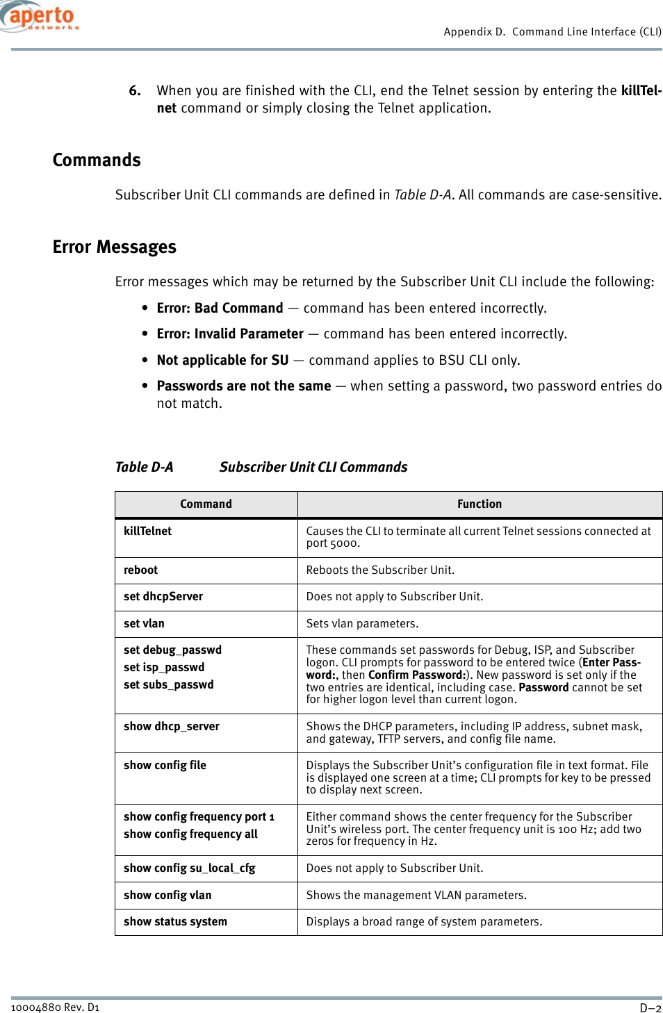 Appendix D.  Command Line Interface (CLI)D–210004880 Rev. D16. When you are finished with the CLI, end the Telnet session by entering the killTel-net command or simply closing the Telnet application.CommandsSubscriber Unit CLI commands are defined in Table D-A. All commands are case-sensitive.Error MessagesError messages which may be returned by the Subscriber Unit CLI include the following:•Error: Bad Command — command has been entered incorrectly.•Error: Invalid Parameter — command has been entered incorrectly.•Not applicable for SU — command applies to BSU CLI only.•Passwords are not the same — when setting a password, two password entries donot match.Table D-A Subscriber Unit CLI CommandsCommand FunctionkillTelnet Causes the CLI to terminate all current Telnet sessions connected at port 5000.reboot Reboots the Subscriber Unit.set dhcpServer Does not apply to Subscriber Unit.set vlan Sets vlan parameters.set debug_passwdset isp_passwdset subs_passwdThese commands set passwords for Debug, ISP, and Subscriber logon. CLI prompts for password to be entered twice (Enter Pass-word:, then Confirm Password:). New password is set only if the two entries are identical, including case. Password cannot be set for higher logon level than current logon.show dhcp_server Shows the DHCP parameters, including IP address, subnet mask, and gateway, TFTP servers, and config file name.show config file Displays the Subscriber Unit’s configuration file in text format. File is displayed one screen at a time; CLI prompts for key to be pressed to display next screen.show config frequency port 1show config frequency allEither command shows the center frequency for the Subscriber Unit’s wireless port. The center frequency unit is 100 Hz; add two zeros for frequency in Hz.show config su_local_cfg Does not apply to Subscriber Unit.show config vlan Shows the management VLAN parameters.show status system Displays a broad range of system parameters.