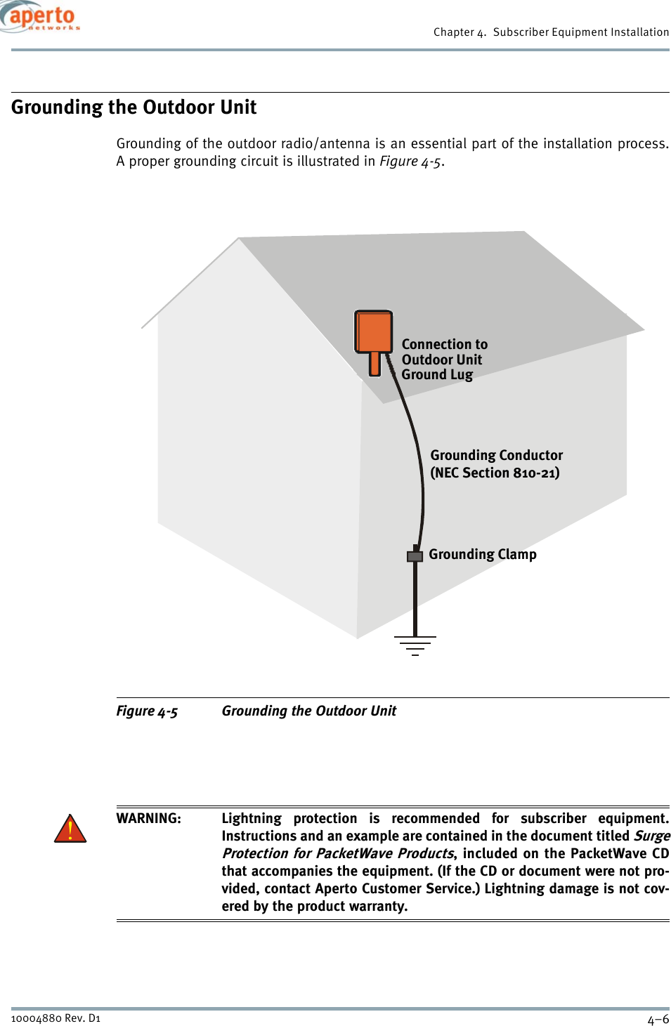 Chapter 4.  Subscriber Equipment Installation4–610004880 Rev. D1Grounding the Outdoor UnitGrounding of the outdoor radio/antenna is an essential part of the installation process.A proper grounding circuit is illustrated in Figure 4-5.Figure 4-5 Grounding the Outdoor UnitWARNING: Lightning protection is recommended for subscriber equipment.Instructions and an example are contained in the document titled SurgeProtection for PacketWave Products, included on the PacketWave CDthat accompanies the equipment. (If the CD or document were not pro-vided, contact Aperto Customer Service.) Lightning damage is not cov-ered by the product warranty.Connection toOutdoor UnitGround LugGrounding Conductor(NEC Section 810-21)Grounding Clamp