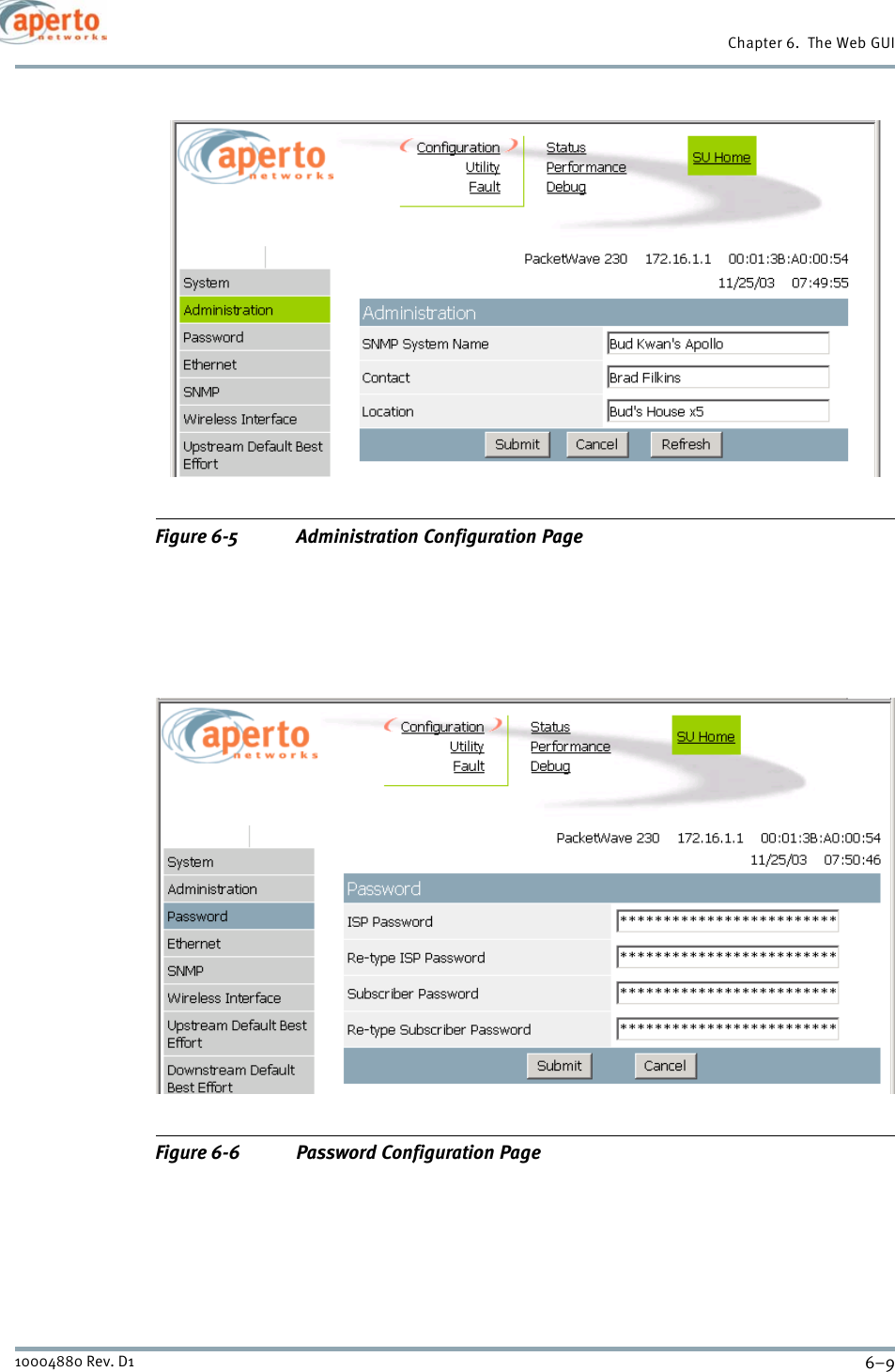 6–910004880 Rev. D1Chapter 6.  The Web GUIFigure 6-5 Administration Configuration PageFigure 6-6 Password Configuration Page