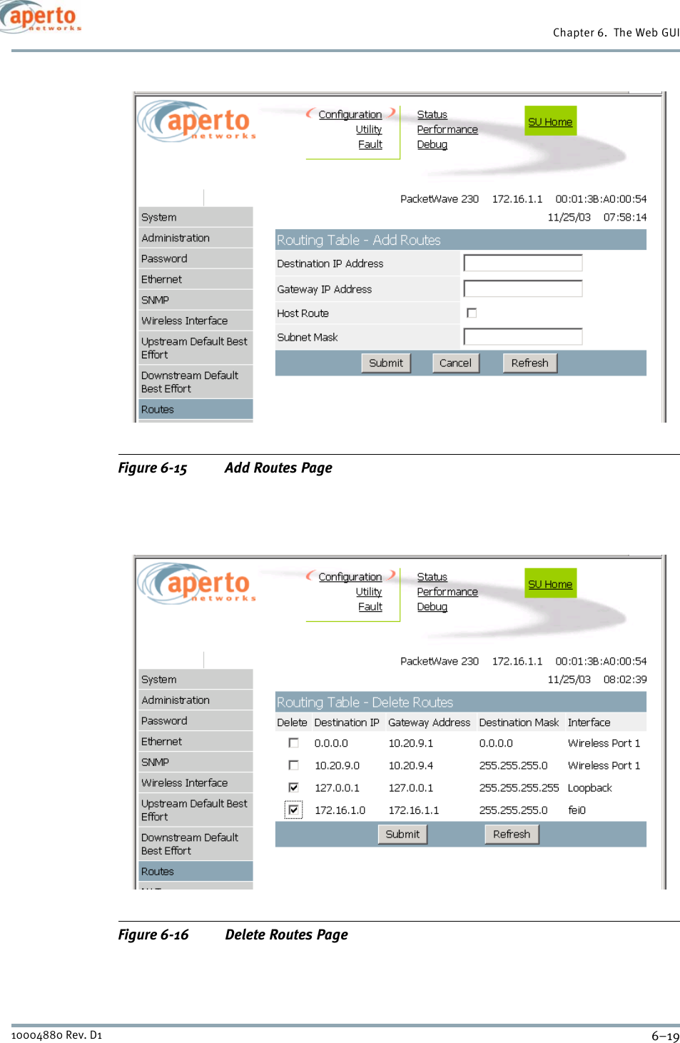 6–1910004880 Rev. D1Chapter 6.  The Web GUIFigure 6-15 Add Routes PageFigure 6-16 Delete Routes Page