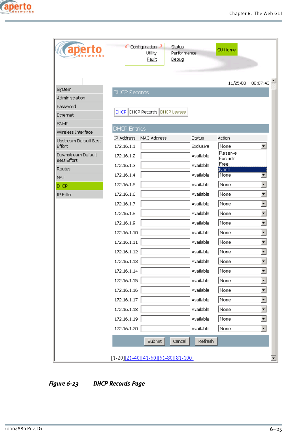 6–2510004880 Rev. D1Chapter 6.  The Web GUIFigure 6-23 DHCP Records Page