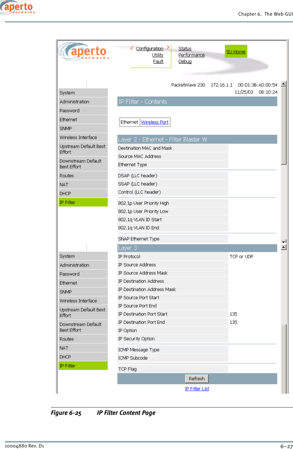 6–2710004880 Rev. D1Chapter 6.  The Web GUIFigure 6-25 IP Filter Content Page