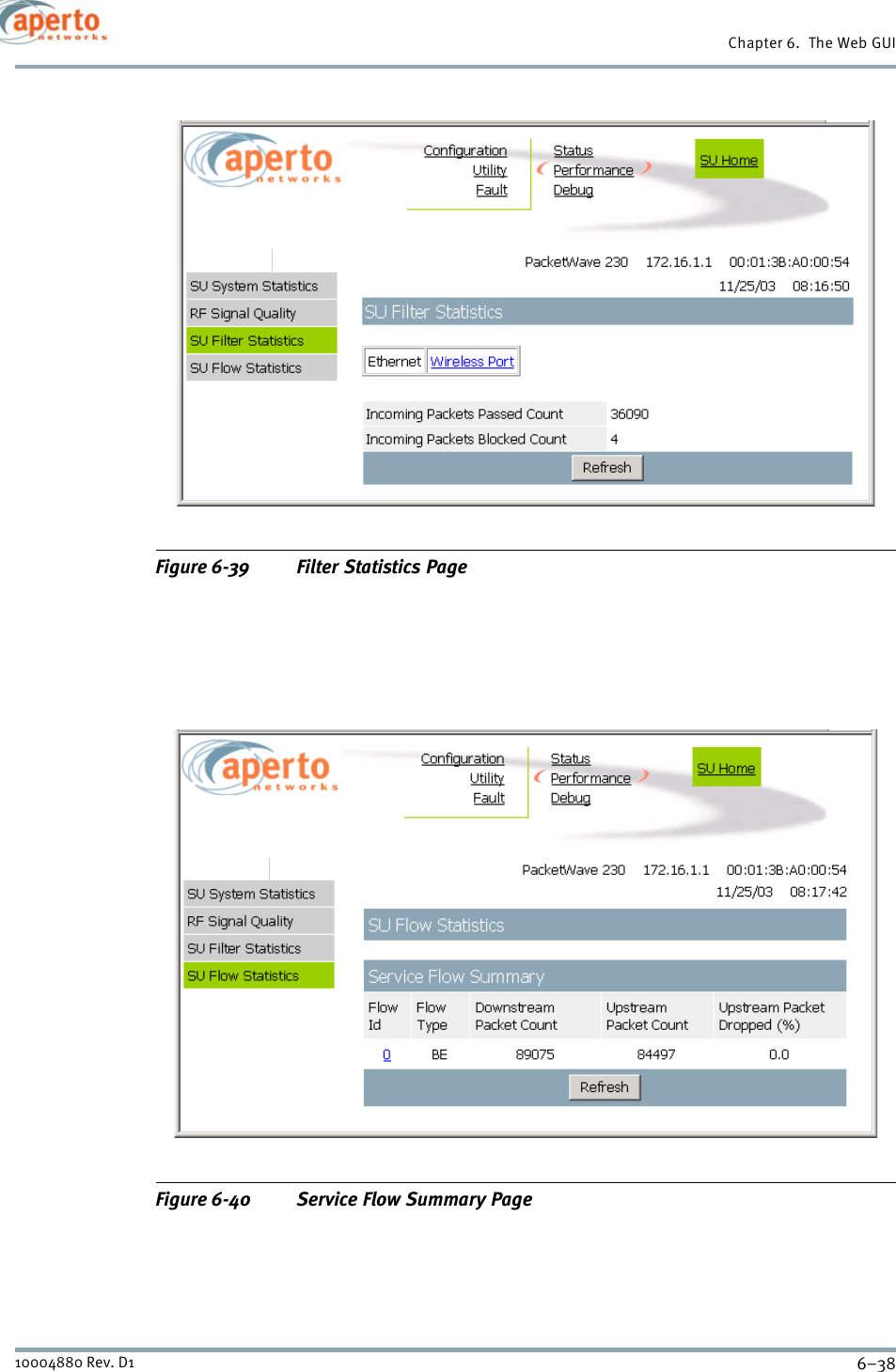 Chapter 6.  The Web GUI6–3810004880 Rev. D1Figure 6-39 Filter Statistics PageFigure 6-40 Service Flow Summary Page