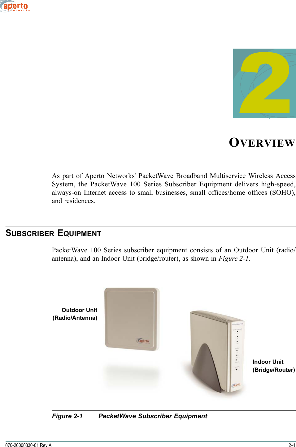 2–1070-20000330-01 Rev A2OVERVIEWAs part of Aperto Networks&apos; PacketWave Broadband Multiservice Wireless AccessSystem, the PacketWave 100 Series Subscriber Equipment delivers high-speed,always-on Internet access to small businesses, small offices/home offices (SOHO),and residences.SUBSCRIBER EQUIPMENTPacketWave 100 Series subscriber equipment consists of an Outdoor Unit (radio/antenna), and an Indoor Unit (bridge/router), as shown in Figure 2-1.Figure 2-1 PacketWave Subscriber EquipmentOutdoor Unit(Radio/Antenna)Indoor Unit(Bridge/Router)