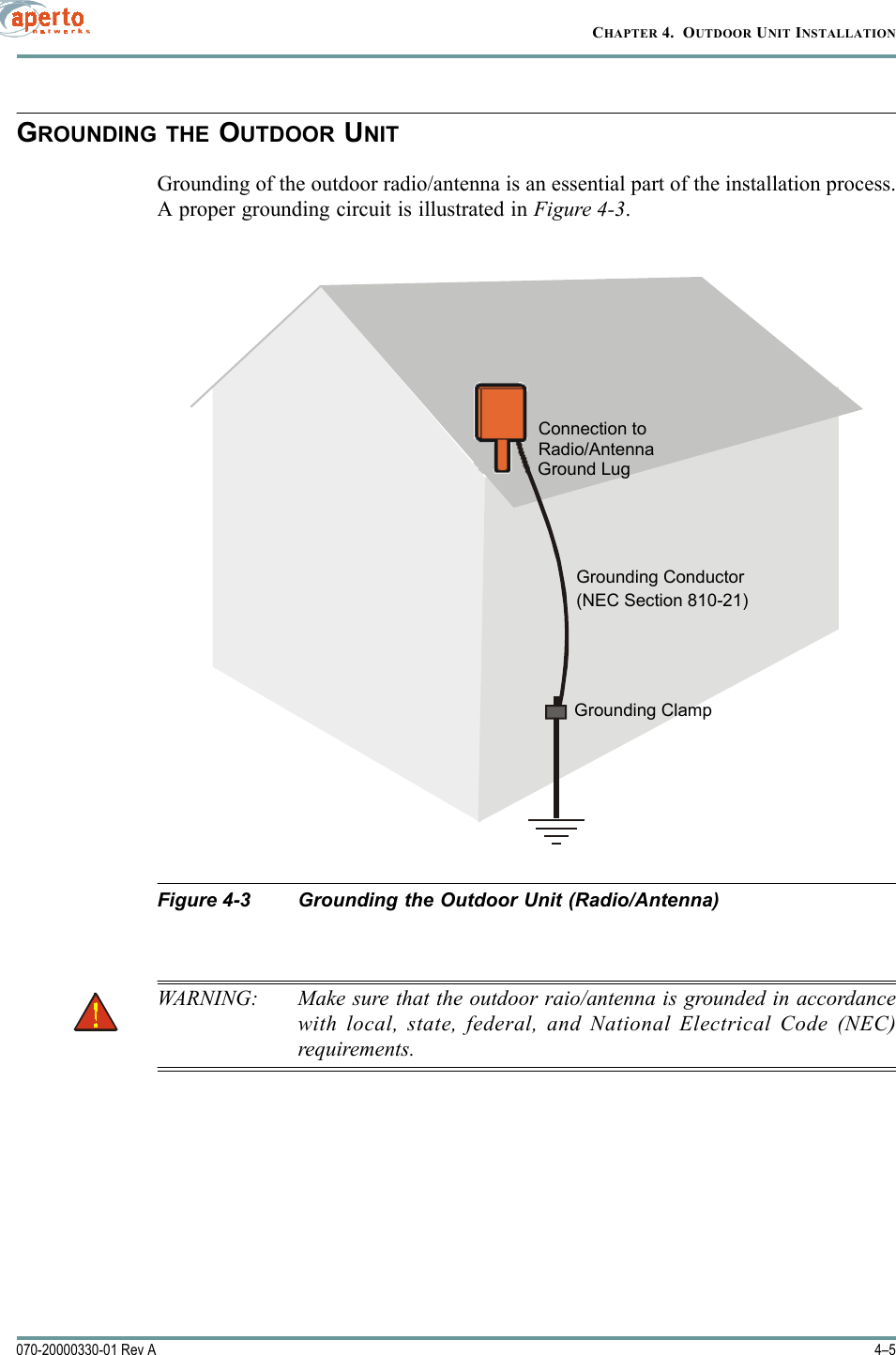 4–5070-20000330-01 Rev ACHAPTER 4.  OUTDOOR UNIT INSTALLATIONGROUNDING THE OUTDOOR UNITGrounding of the outdoor radio/antenna is an essential part of the installation process.A proper grounding circuit is illustrated in Figure 4-3.Figure 4-3 Grounding the Outdoor Unit (Radio/Antenna)WARNING: Make sure that the outdoor raio/antenna is grounded in accordancewith local, state, federal, and National Electrical Code (NEC)requirements.Connection toRadio/AntennaGround LugGrounding Conductor(NEC Section 810-21)Grounding Clamp