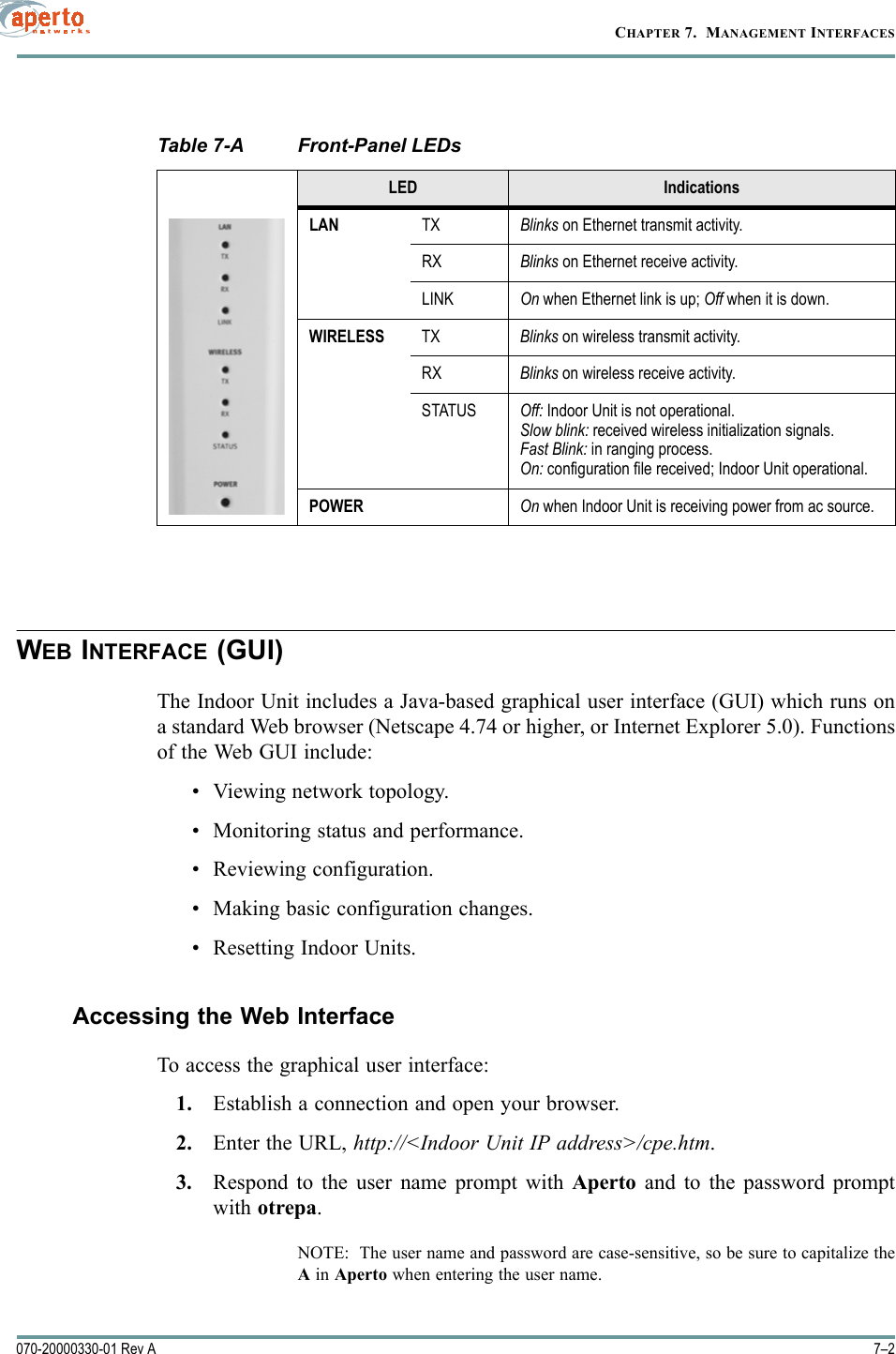 CHAPTER 7.  MANAGEMENT INTERFACES7–2070-20000330-01 Rev AWEB INTERFACE (GUI)The Indoor Unit includes a Java-based graphical user interface (GUI) which runs ona standard Web browser (Netscape 4.74 or higher, or Internet Explorer 5.0). Functionsof the Web GUI include:• Viewing network topology.• Monitoring status and performance.• Reviewing configuration.• Making basic configuration changes.• Resetting Indoor Units.Accessing the Web InterfaceTo access the graphical user interface:1. Establish a connection and open your browser.2. Enter the URL, http://&lt;Indoor Unit IP address&gt;/cpe.htm.3. Respond to the user name prompt with Aperto and to the password promptwith otrepa.NOTE:  The user name and password are case-sensitive, so be sure to capitalize theA in Aperto when entering the user name.Table 7-A Front-Panel LEDsLED IndicationsLAN TX Blinks on Ethernet transmit activity.RX Blinks on Ethernet receive activity.LINK On when Ethernet link is up; Off when it is down.WIRELESS TX Blinks on wireless transmit activity.RX Blinks on wireless receive activity.STATUS Off: Indoor Unit is not operational.Slow blink: received wireless initialization signals.Fast Blink: in ranging process.On: configuration file received; Indoor Unit operational.POWER On when Indoor Unit is receiving power from ac source.