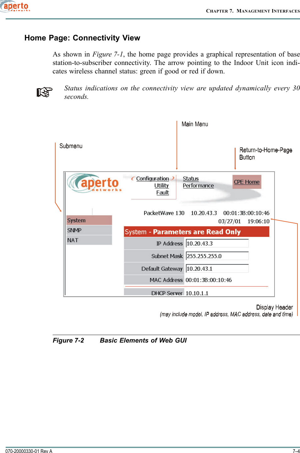 CHAPTER 7.  MANAGEMENT INTERFACES7–4070-20000330-01 Rev AHome Page: Connectivity ViewAs shown in Figure 7-1, the home page provides a graphical representation of basestation-to-subscriber connectivity. The arrow pointing to the Indoor Unit icon indi-cates wireless channel status: green if good or red if down.Status indications on the connectivity view are updated dynamically every 30seconds.Figure 7-2 Basic Elements of Web GUI