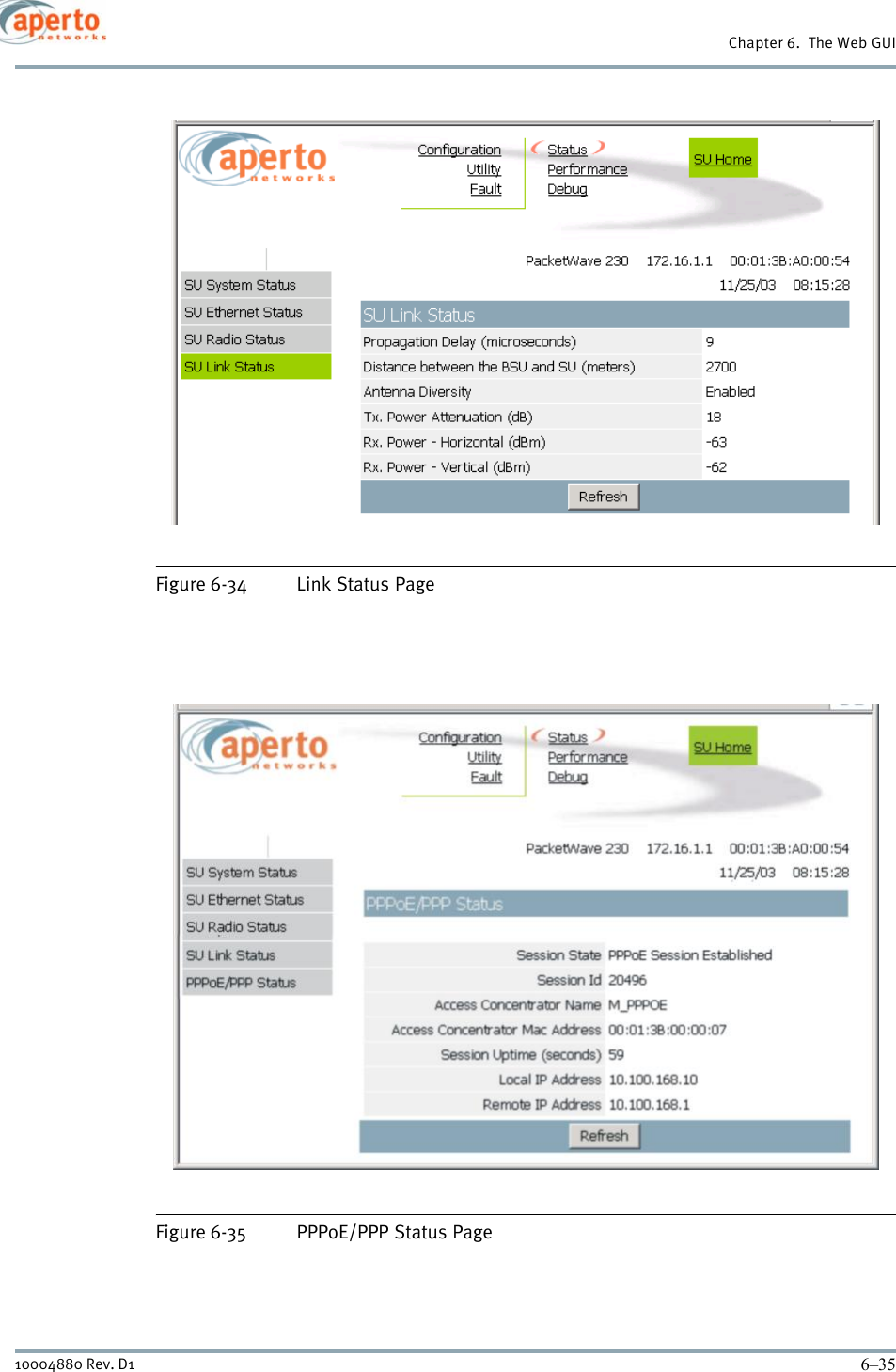 6–3510004880 Rev. D1Chapter 6.  The Web GUIFigure 6-34 Link Status PageFigure 6-35 PPPoE/PPP Status Page