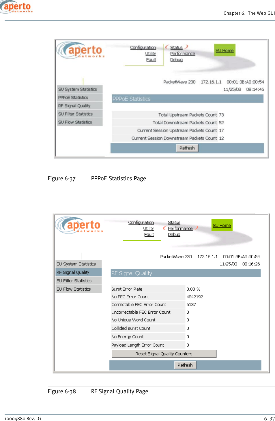 6–3710004880 Rev. D1Chapter 6.  The Web GUIFigure 6-37 PPPoE Statistics PageFigure 6-38 RF Signal Quality Page