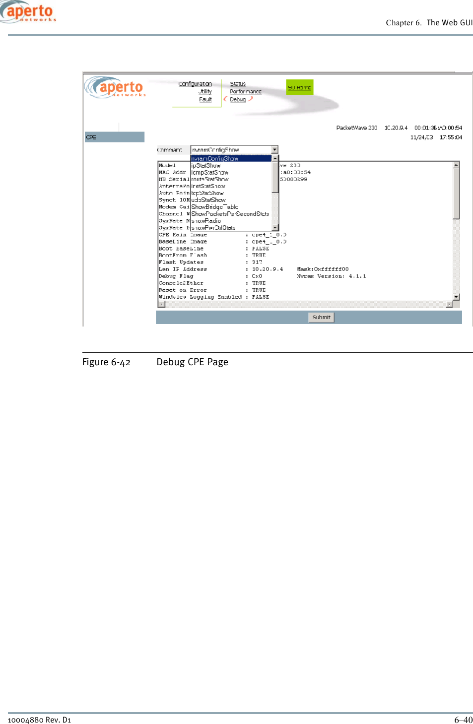 Chapter 6.  The Web GUI6–4010004880 Rev. D1Figure 6-42 Debug CPE Page