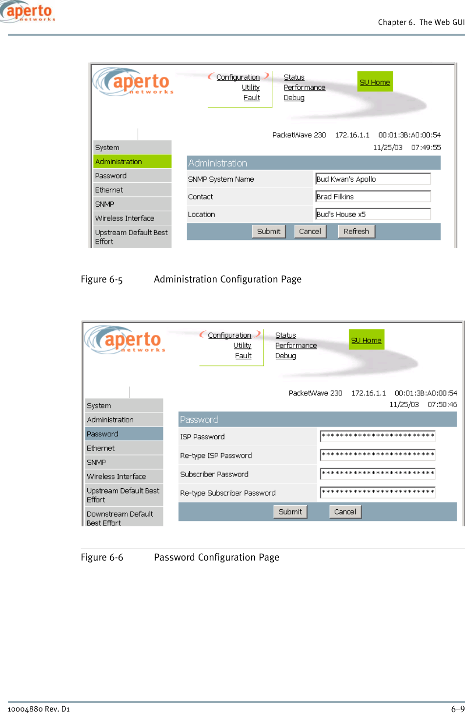 6–910004880 Rev. D1Chapter 6.  The Web GUIFigure 6-5 Administration Configuration PageFigure 6-6 Password Configuration Page