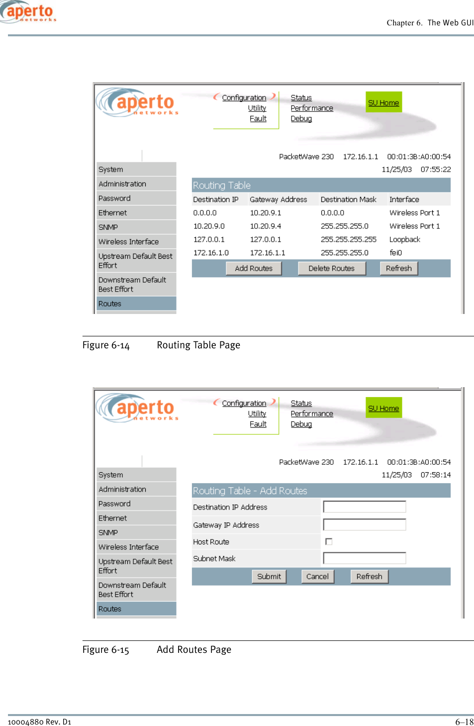 Chapter 6.  The Web GUI6–1810004880 Rev. D1Figure 6-14 Routing Table PageFigure 6-15 Add Routes Page