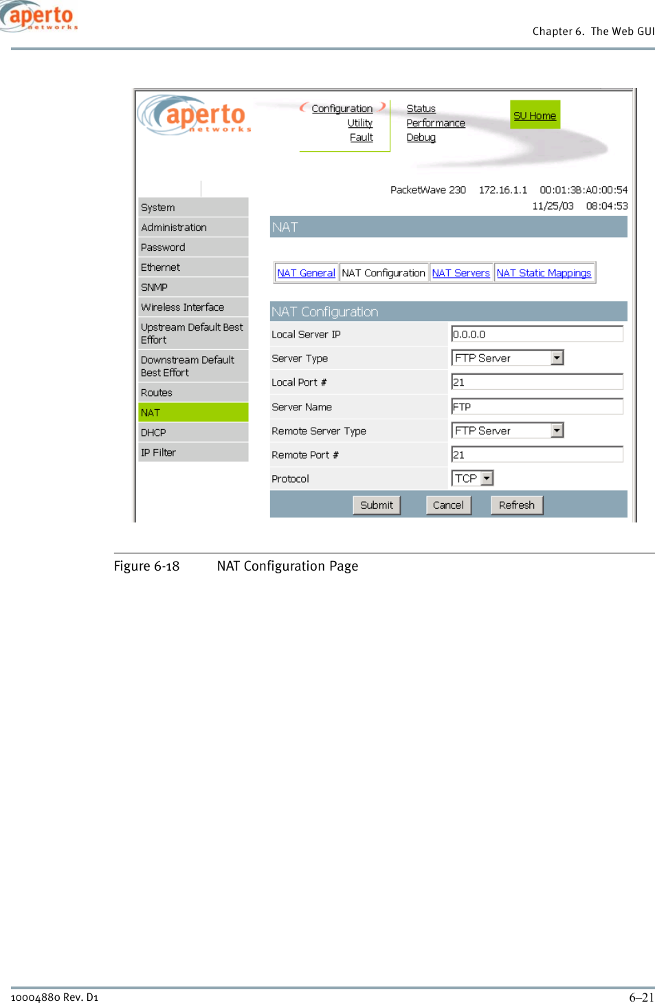 6–2110004880 Rev. D1Chapter 6.  The Web GUIFigure 6-18 NAT Configuration Page