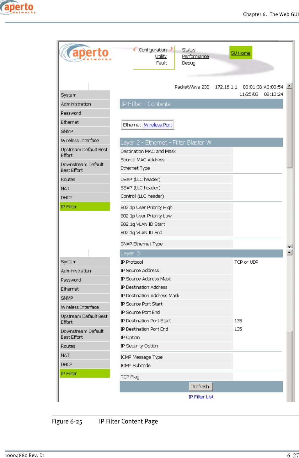 6–2710004880 Rev. D1Chapter 6.  The Web GUIFigure 6-25 IP Filter Content Page