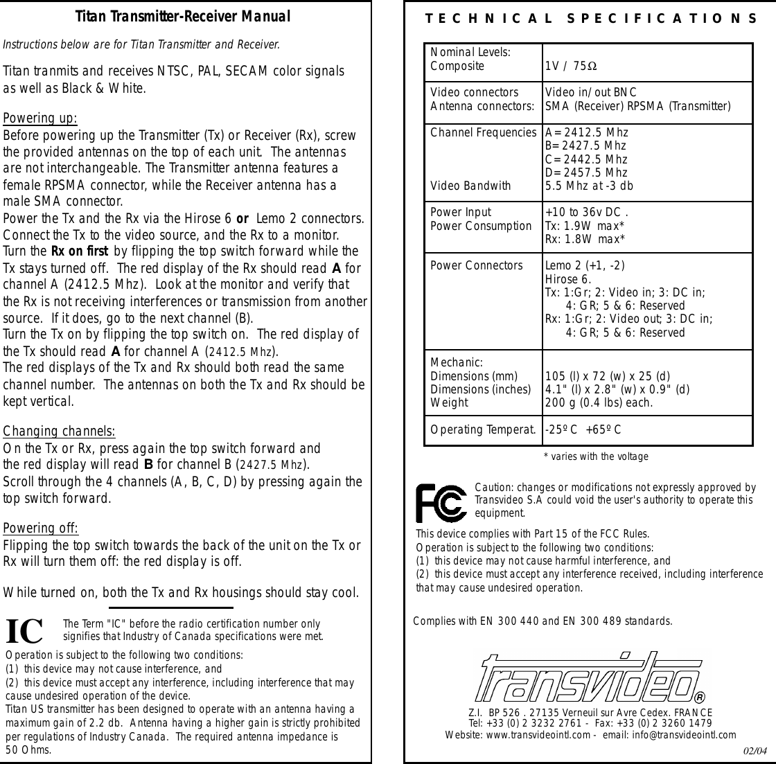 Apico Transvideo TITANUS Titan US Transmitter System User Manual