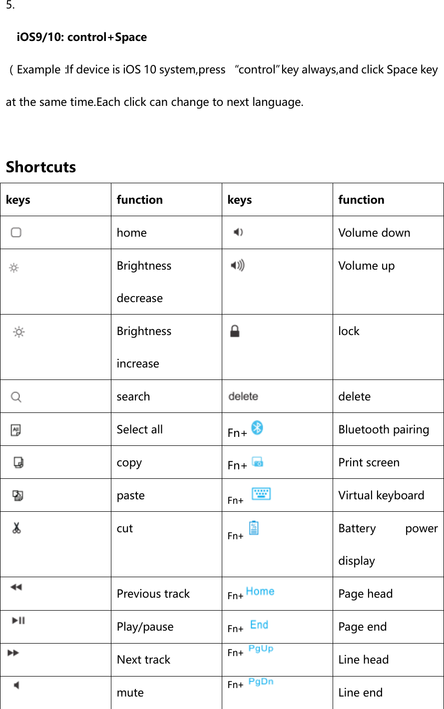 5. iOS9/10: control+Space （Example：If device is iOS 10 system,press “control”key always,and click Space key at the same time.Each click can change to next language.  Shortcuts   keys function keys function    home    Volume down  Brightness decrease  Volume up  Brightness increase    lock  search  delete    Select all Fn+    Bluetooth pairing    copy Fn+    Print screen    paste Fn+     Virtual keyboard    cut Fn+    Battery  power display   Previous track Fn+   Page head   Play/pause Fn+   Page end   Next track Fn+   Line head   mute Fn+    Line end 