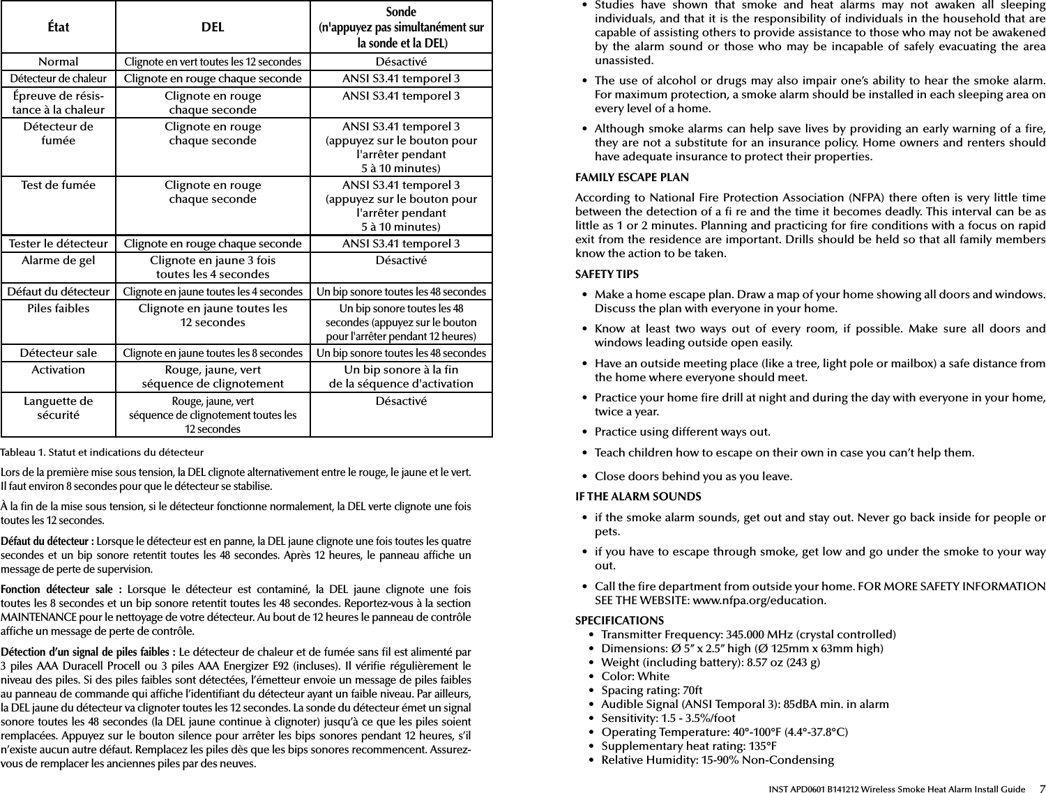 État DELSonde(n&apos;appuyez pas simultanément sur la sonde et la DEL)NormalClignote en vert toutes les 12 secondesDésactivéDétecteur de chaleurClignote en rouge chaque seconde ANSI S3.41 temporel 3Épreuve de résis-tance à la chaleurClignote en rouge chaque secondeANSI S3.41 temporel 3Détecteur de fuméeClignote en rouge chaque secondeANSI S3.41 temporel 3(appuyez sur le bouton pour l&apos;arrêter pendant 5 à 10 minutes)Test de fumée Clignote en rouge chaque secondeANSI S3.41 temporel 3 (appuyez sur le bouton pour l&apos;arrêter pendant 5 à 10 minutes)Tester le détecteur Clignote en rouge chaque seconde ANSI S3.41 temporel 3Alarme de gel Clignote en jaune 3 foistoutes les 4 secondesDésactivéDéfaut du détecteurClignote en jaune toutes les 4 secondes Un bip sonore toutes les 48 secondesPiles faibles Clignote en jaune toutes les 12 secondesUn bip sonore toutes les 48 secondes (appuyez sur le bouton pour l&apos;arrêter pendant 12 heures)Détecteur saleClignote en jaune toutes les 8 secondes Un bip sonore toutes les 48 secondesActivation Rouge, jaune, vertséquence de clignotementUn bip sonore à la  nde la séquence d&apos;activationLanguette de sécuritéRouge, jaune, vertséquence de clignotement toutes les 12 secondesDésactivéLors de la première mise sous tension, la DEL clignote alternativement entre le rouge, le jaune et le vert. Il faut environ 8 secondes pour que le détecteur se stabilise.À la  n de la mise sous tension, si le détecteur fonctionne normalement, la DEL verte clignote une fois toutes les 12 secondes.Défaut du détecteur: Lorsque le détecteur est en panne, la DEL jaune clignote une fois toutes les quatre secondes  et  un  bip  sonore  retentit  toutes  les  48  secondes. Après  12  heures,  le  panneau  af che un message de perte de supervision.Fonction  détecteur  sale:  Lorsque  le  détecteur  est  contaminé,  la  DEL  jaune  clignote  une  fois toutes les 8 secondes et un bip sonore retentit toutes les 48 secondes. Reportez-vous à la section MAINTENANCE pour le nettoyage de votre détecteur. Au bout de 12 heures le panneau de contrôle af che un message de perte de contrôle.Détection d’un signal de piles faibles: Le détecteur de chaleur et de fumée sans  l est alimenté par 3  piles  AAA  Duracell  Procell  ou  3  piles  AAA  Energizer  E92  (incluses).  Il  véri e régulièrement  le niveau des piles. Si des piles faibles sont détectées, l’émetteur envoie un message de piles faibles au panneau de commande qui af che l’identi ant du détecteur ayant un faible niveau. Par ailleurs, la DEL jaune du détecteur va clignoter toutes les 12 secondes. La sonde du détecteur émet un signal sonore toutes les 48 secondes (la DEL jaune continue à clignoter) jusqu’à ce que les piles soient remplacées. Appuyez sur le bouton silence pour  arrêter les bips sonores pendant 12  heures, s’il n’existe aucun autre défaut. Remplacez les piles dès que les bips sonores recommencent. Assurez-vous de remplacer les anciennes piles par des neuves.Tableau 1. Statut et indications du détecteurINST APD0601 B141212 Wireless Smoke Heat Alarm Install Guide 7•  Studies  have  shown  that  smoke  and  heat  alarms  may  not  awaken  all  sleepingindividuals, and that it is the responsibility of individuals in the household that arecapable of assisting others to provide assistance to those who may not be awakenedby  the  alarm  sound  or  those  who  may be  incapable  of  safely  evacuating the  area unassisted.•  The use of alcohol or drugs may also impair one’s ability to hear the smoke alarm.For maximum protection, a smoke alarm should be installed in each sleeping area onevery level of a home.•  Although smoke alarms can help save lives by providing an early warning of a  re, they are not a substitute for an insurance policy. Home owners and renters shouldhave adequate insurance to protect their properties.FAMILY ESCAPE PLANAccording to National Fire Protection Association (NFPA) there often is very little time between the detection of a   re and the time it becomes deadly. This interval can be as little as 1 or 2 minutes. Planning and practicing for  re conditions with a focus on rapid exit from the residence are important. Drills should be held so that all family members know the action to be taken.SAFETY TIPS•  Make a home escape plan. Draw a map of your home showing all doors and windows.Discuss the plan with everyone in your home.•  Know  at  least  two  ways  out  of  every  room,  if  possible.  Make  sure  all  doors  andwindows leading outside open easily.•  Have an outside meeting place (like a tree, light pole or mailbox) a safe distance fromthe home where everyone should meet.•  Practice your home  re drill at night and during the day with everyone in your home,twice a year.•  Practice using different ways out.•  Teach children how to escape on their own in case you can’t help them.•  Close doors behind you as you leave.IF THE ALARM SOUNDS•  if the smoke alarm sounds, get out and stay out. Never go back inside for people orpets.•  if you have to escape through smoke, get low and go under the smoke to your wayout.•  Call the  re department from outside your home. FOR MORE SAFETY INFORMATIONSEE THE WEBSITE: www.nfpa.org/education.SPECIFICATIONS•  Transmitter Frequency: 345.000 MHz (crystal controlled)•  Dimensions: Ø 5’’ x 2.5’’ high (Ø 125mm x 63mm high)•  Weight (including battery): 8.57 oz (243 g)•  Color: White•  Spacing rating: 70ft•  Audible Signal (ANSI Temporal 3): 85dBA min. in alarm•  Sensitivity: 1.5 - 3.5%/foot•  Operating Temperature: 40°-100°F (4.4°-37.8°C)•  Supplementary heat rating: 135°F•  Relative Humidity: 15-90% Non-Condensing