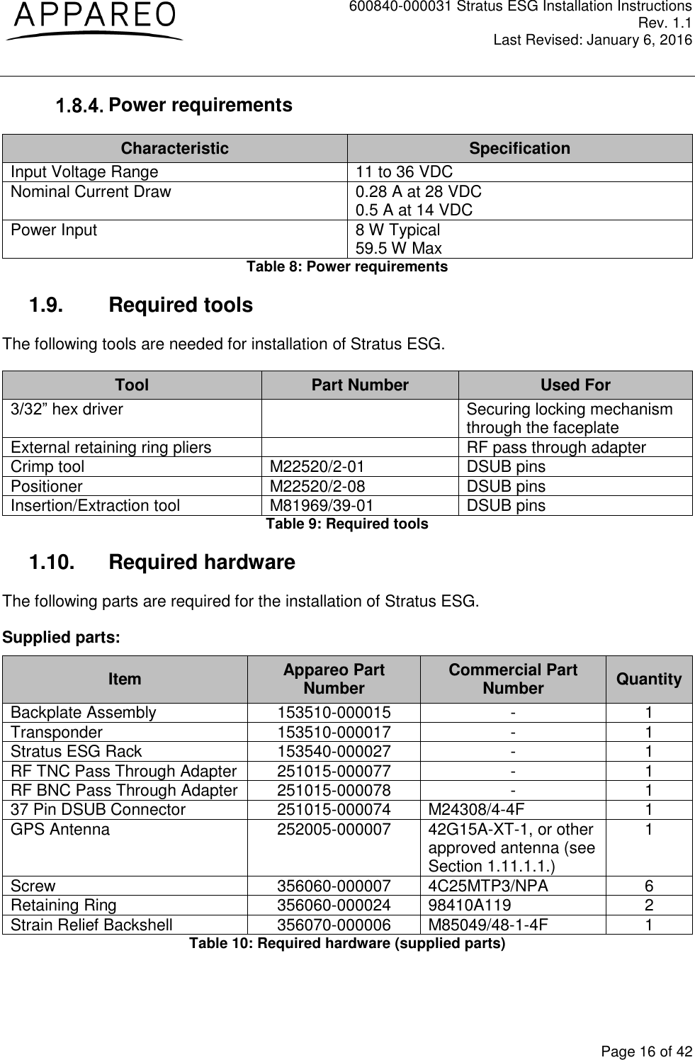 600840-000031 Stratus ESG Installation Instructions Rev. 1.1 Last Revised: January 6, 2016  Page 16 of 42  Power requirements Characteristic Specification Input Voltage Range 11 to 36 VDC Nominal Current Draw 0.28 A at 28 VDC 0.5 A at 14 VDC Power Input 8 W Typical 59.5 W Max Table 8: Power requirements 1.9.  Required tools The following tools are needed for installation of Stratus ESG. Tool Part Number Used For 3/32” hex driver  Securing locking mechanism through the faceplate External retaining ring pliers  RF pass through adapter Crimp tool M22520/2-01 DSUB pins Positioner M22520/2-08 DSUB pins Insertion/Extraction tool M81969/39-01 DSUB pins Table 9: Required tools 1.10.  Required hardware The following parts are required for the installation of Stratus ESG.  Supplied parts: Item Appareo Part Number Commercial Part Number Quantity Backplate Assembly 153510-000015 - 1 Transponder 153510-000017 - 1 Stratus ESG Rack 153540-000027 - 1 RF TNC Pass Through Adapter 251015-000077 - 1 RF BNC Pass Through Adapter 251015-000078 - 1 37 Pin DSUB Connector 251015-000074 M24308/4-4F 1 GPS Antenna 252005-000007 42G15A-XT-1, or other approved antenna (see Section 1.11.1.1.) 1 Screw 356060-000007 4C25MTP3/NPA 6 Retaining Ring 356060-000024 98410A119 2 Strain Relief Backshell 356070-000006 M85049/48-1-4F 1 Table 10: Required hardware (supplied parts) 
