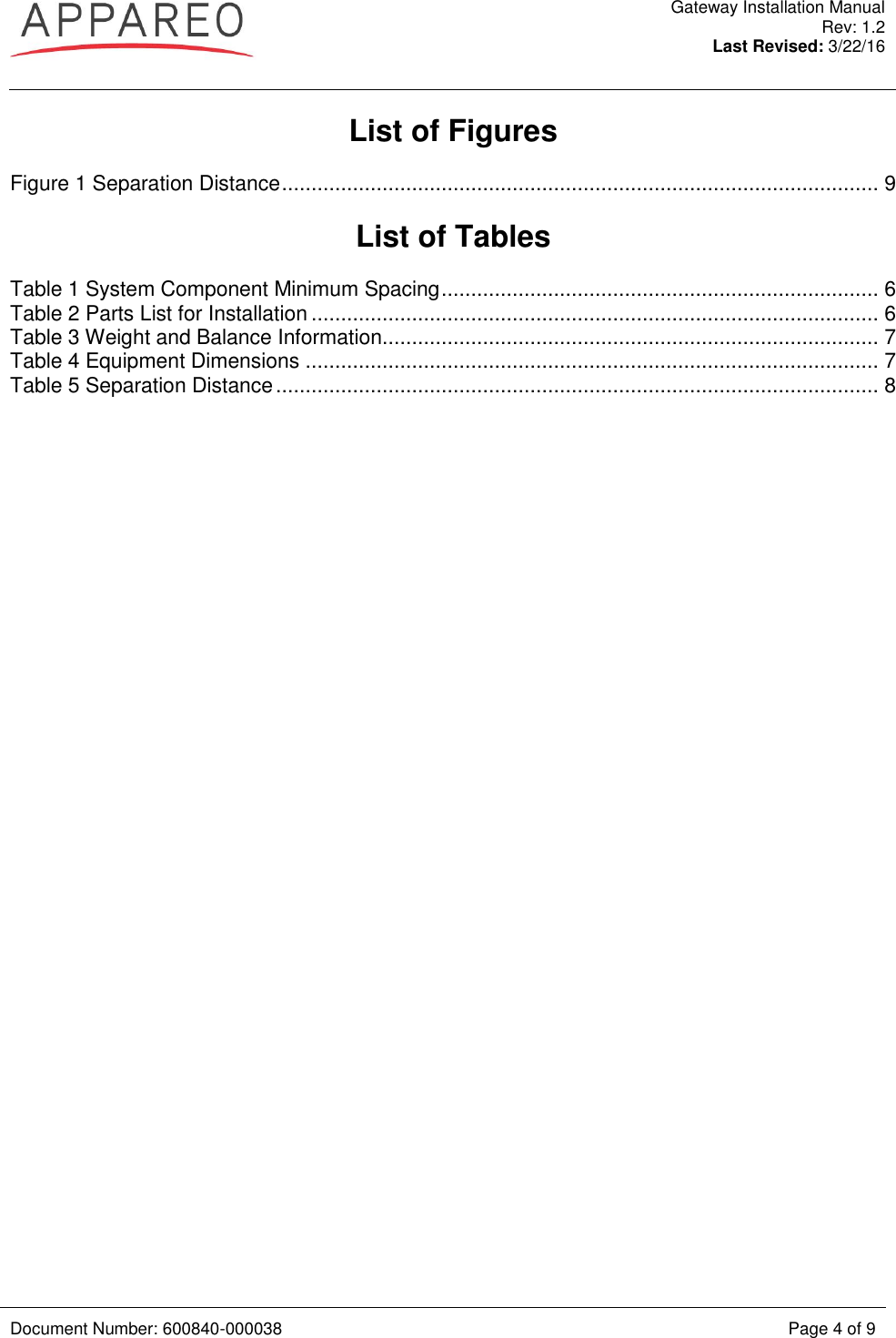  Gateway Installation Manual Rev: 1.2 Last Revised: 3/22/16   Document Number: 600840-000038 Page 4 of 9  List of Figures Figure 1 Separation Distance ..................................................................................................... 9  List of Tables Table 1 System Component Minimum Spacing .......................................................................... 6 Table 2 Parts List for Installation ................................................................................................ 6 Table 3 Weight and Balance Information.................................................................................... 7 Table 4 Equipment Dimensions ................................................................................................. 7 Table 5 Separation Distance ...................................................................................................... 8 