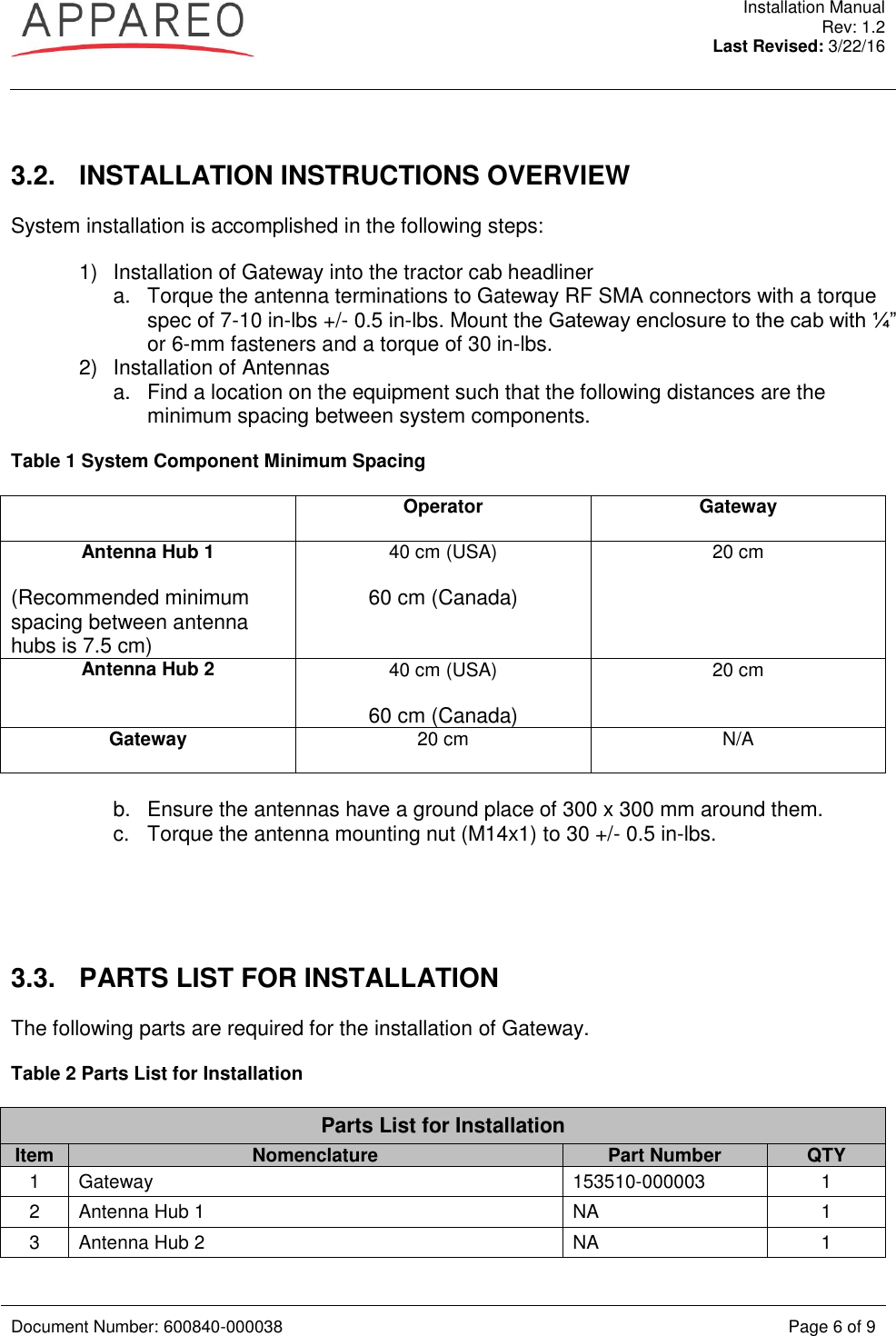  Installation Manual Rev: 1.2 Last Revised: 3/22/16   Document Number: 600840-000038 Page 6 of 9   3.2.  INSTALLATION INSTRUCTIONS OVERVIEW System installation is accomplished in the following steps: 1)  Installation of Gateway into the tractor cab headliner a.  Torque the antenna terminations to Gateway RF SMA connectors with a torque spec of 7-10 in-lbs +/- 0.5 in-lbs. Mount the Gateway enclosure to the cab with ¼” or 6-mm fasteners and a torque of 30 in-lbs. 2)  Installation of Antennas a.  Find a location on the equipment such that the following distances are the minimum spacing between system components. Table 1 System Component Minimum Spacing  Operator  Gateway Antenna Hub 1  (Recommended minimum spacing between antenna hubs is 7.5 cm) 40 cm (USA) 60 cm (Canada) 20 cm Antenna Hub 2 40 cm (USA) 60 cm (Canada) 20 cm Gateway 20 cm N/A  b.  Ensure the antennas have a ground place of 300 x 300 mm around them. c.  Torque the antenna mounting nut (M14x1) to 30 +/- 0.5 in-lbs.     3.3.  PARTS LIST FOR INSTALLATION The following parts are required for the installation of Gateway. Table 2 Parts List for Installation Parts List for Installation Item Nomenclature Part Number QTY 1 Gateway 153510-000003 1 2 Antenna Hub 1 NA 1 3 Antenna Hub 2 NA 1 
