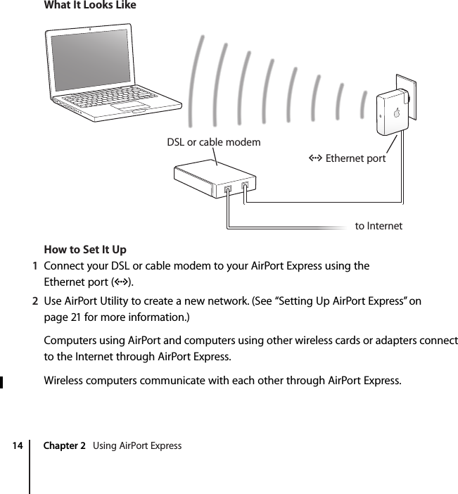    14 Chapter 2    Using AirPort Express What It Looks LikeHow to Set It Up 1 Connect your DSL or cable modem to your AirPort Express using the Ethernet port (G ). 2 Use AirPort Utility to create a new network. (See “Setting Up AirPort Express” on page 21 for more information.)Computers using AirPort and computers using other wireless cards or adapters connect to the Internet through AirPort Express.Wireless computers communicate with each other through AirPort Express.DSL or cable modemEthernet portto InternetG