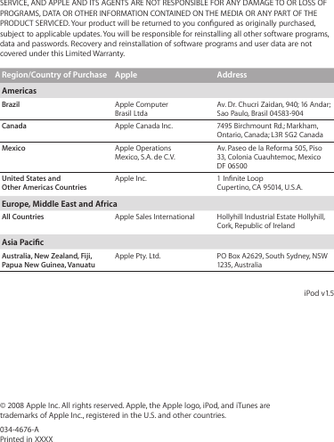 © 2008 Apple Inc. All rights reserved. Apple, the Apple logo, iPod, and iTunes are trademarks of Apple Inc., registered in the U.S. and other countries.034-4676-A Printed in XXXXSERVICE, AND APPLE AND ITS AGENTS ARE NOT RESPONSIBLE FOR ANY DAMAGE TO OR LOSS OF PROGRAMS, DATA OR OTHER INFORMATION CONTAINED ON THE MEDIA OR ANY PART OF THE PRODUCT SERVICED. Your product will be returned to you congured as originally purchased, subject to applicable updates. You will be responsible for reinstalling all other software programs, data and passwords. Recovery and reinstallation of software programs and user data are not covered under this Limited Warranty.Region/Country of Purchase Apple AddressAmericasBrazil Apple Computer Brasil LtdaAv. Dr. Chucri Zaidan, 940; 16 Andar; Sao Paulo, Brasil 04583-904Canada Apple Canada Inc. 7495 Birchmount Rd.; Markham, Ontario, Canada; L3R 5G2 CanadaMexico Apple Operations Mexico, S.A. de C.V.Av. Paseo de la Reforma 505, Piso 33, Colonia Cuauhtemoc, Mexico DF 06500United States and Other Americas CountriesApple Inc. 1 Innite Loop  Cupertino, CA 95014, U.S.A.Europe, Middle East and AfricaAll Countries Apple Sales International Hollyhill Industrial Estate Hollyhill, Cork, Republic of IrelandAsia PacicAustralia, New Zealand, Fiji,  Papua New Guinea, VanuatuApple Pty. Ltd. PO Box A2629, South Sydney, NSW 1235, AustraliaiPod v1.5