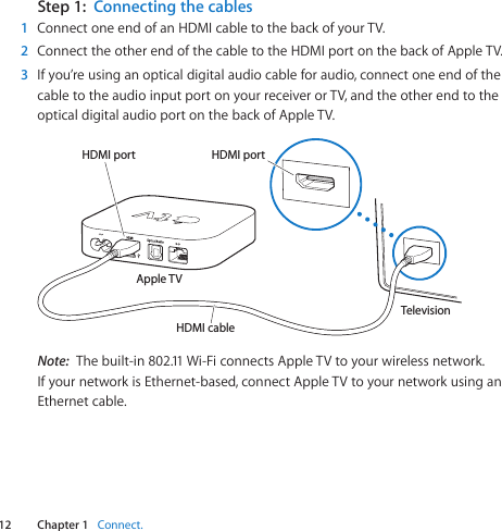 12 Chapter 1    Connect.Chapter 1    Connect.Step 1:  Connecting the cables1  ConnectoneendofanHDMIcabletothebackofyourTV.2  ConnecttheotherendofthecabletotheHDMIportonthebackofAppleTV.3  Ifyou’reusinganopticaldigitalaudiocableforaudio,connectoneendofthecabletotheaudioinputportonyourreceiverorTV,andtheotherendtotheopticaldigitalaudioportonthebackofAppleTV.Apple TVTelevisionHDMI port HDMI portHDMI cableNote:  Thebuilt-in802.11Wi-FiconnectsAppleTVtoyourwirelessnetwork.IfyournetworkisEthernet-based,connectAppleTVtoyournetworkusinganEthernetcable.