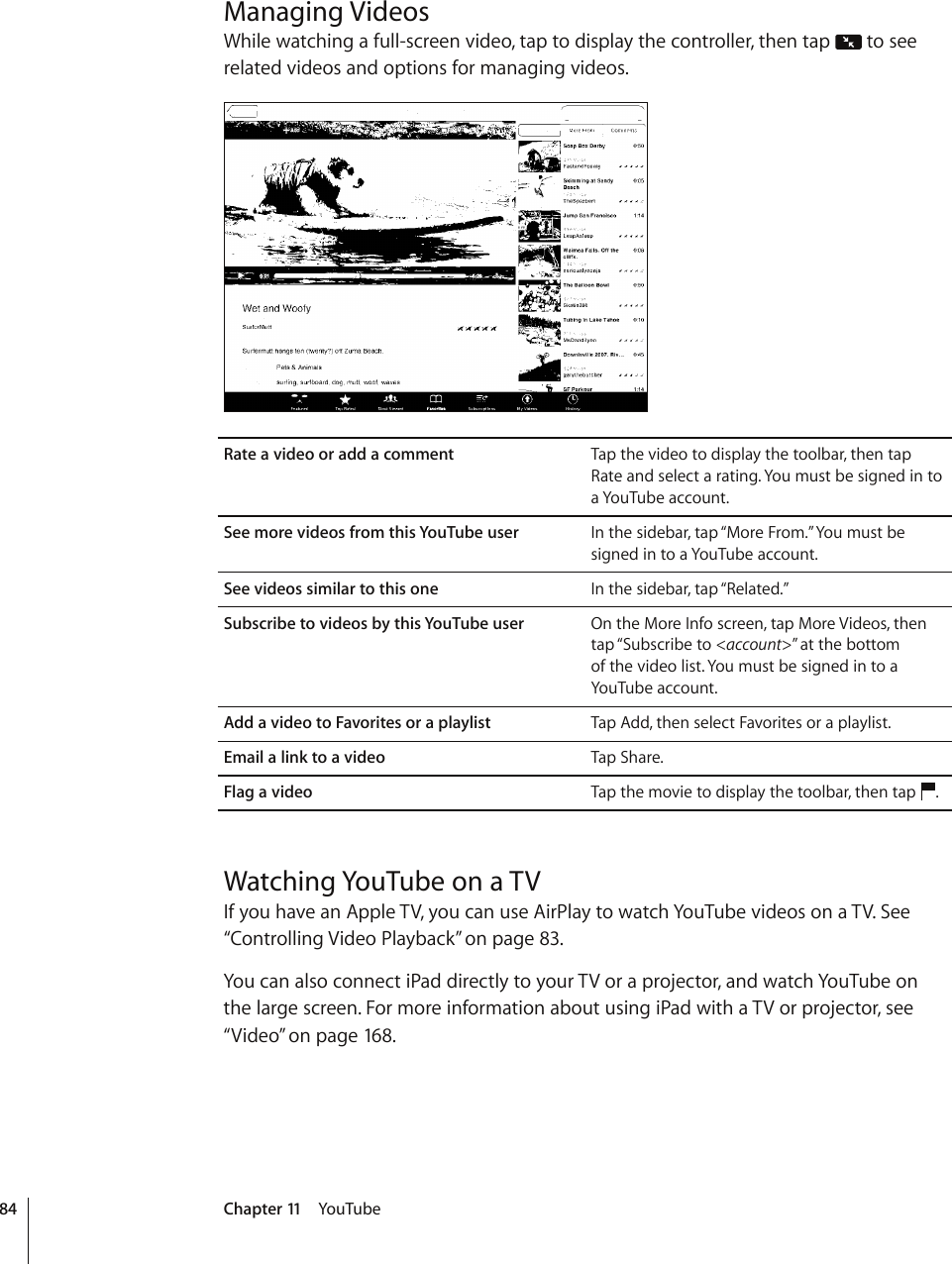 Managing VideosWhile watching a full-screen video, tap to display the controller, then tap   to see related videos and options for managing videos.Rate a video or add a comment Tap the video to display the toolbar, then tap Rate and select a rating. You must be signed in to a YouTube account.See more videos from this YouTube user In the sidebar, tap “More From.” You must be signed in to a YouTube account.See videos similar to this one In the sidebar, tap “Related.”Subscribe to videos by this YouTube user On the More Info screen, tap More Videos, then tap “Subscribe to &lt;account&gt;” at the bottom  of the video list. You must be signed in to a YouTube account.Add a video to Favorites or a playlist Tap Add, then select Favorites or a playlist.Email a link to a video Tap Share.Flag a video Tap the movie to display the toolbar, then tap  .Watching YouTube on a TVIf you have an Apple TV, you can use AirPlay to watch YouTube videos on a TV. See “Controlling Video Playback” on page 83.;QWECPCNUQEQPPGEVK2CFFKTGEVN[VQ[QWT68QTCRTQLGEVQTCPFYCVEJ;QW6WDGQPVJGNCTIGUETGGP(QTOQTGKPHQTOCVKQPCDQWVWUKPIK2CFYKVJC68QTRTQLGEVQTUGG“Video” on page 168.84 Chapter 11    YouTube