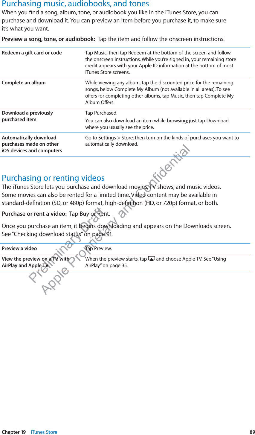 Preliminary Draft Apple Proprietary and Confidential Purchasing music, audiobooks, and tonesWhen you ﬁnd a song, album, tone, or audiobook you like in the iTunes Store, you can  purchase and download it. You can preview an item before you purchase it, to make sure  it’s what you want.Preview a song, tone, or audiobook:  Tap the item and follow the onscreen instructions.Redeem a gift card or code Tap Music, then tap Redeem at the bottom of the screen and follow  the onscreen instructions. While you’re signed in, your remaining store credit appears with your Apple ID information at the bottom of most  iTunes Store screens.Complete an album While viewing any album, tap the discounted price for the remaining  songs, below Complete My Album (not available in all areas). To see  o∂ers for completing other albums, tap Music, then tap Complete My Album O∂ers.Download a previously  purchased itemTap Purchased.You can also download an item while browsing; just tap Download  where you usually see the price.Automatically download  purchases made on other  iOS devices and computersGo to Settings &gt; Store, then turn on the kinds of purchases you want to automatically download.Purchasing or renting videosThe iTunes Store lets you purchase and download movies, TV shows, and music videos.  Some movies can also be rented for a limited time. Video content may be available in  standard-deﬁnition (SD, or 480p) format, high-deﬁnition (HD, or 720p) format, or both.Purchase or rent a video:  Tap Buy or Rent.Once you purchase an item, it begins downloading and appears on the Downloads screen.  See “Checking download status” on page 91.Preview a video Tap Preview.View the preview on a TV with AirPlay and Apple TVWhen the preview starts, tap   and choose Apple TV. See “Using AirPlay” on page 35.89Chapter 19    iTunes Store