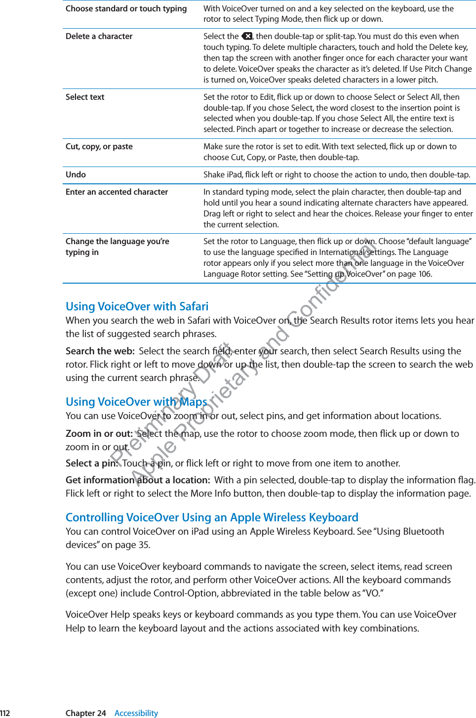 Preliminary Draft Apple Proprietary and Confidential Choose standard or touch typing With VoiceOver turned on and a key selected on the keyboard, use the rotor to select Typing Mode, then ﬂick up or down.Delete a character Select the  , then double-tap or split-tap. You must do this even when touch typing. To delete multiple characters, touch and hold the Delete key, then tap the screen with another ﬁnger once for each character your want to delete. VoiceOver speaks the character as it’s deleted. If Use Pitch Change is turned on, VoiceOver speaks deleted characters in a lower pitch.Select text Set the rotor to Edit, ﬂick up or down to choose Select or Select All, then double-tap. If you chose Select, the word closest to the insertion point is selected when you double-tap. If you chose Select All, the entire text is selected. Pinch apart or together to increase or decrease the selection.Cut, copy, or paste Make sure the rotor is set to edit. With text selected, ﬂick up or down to choose Cut, Copy, or Paste, then double-tap.Undo Shake iPad, ﬂick left or right to choose the action to undo, then double-tap.Enter an accented character In standard typing mode, select the plain character, then double-tap and hold until you hear a sound indicating alternate characters have appeared. Drag left or right to select and hear the choices. Release your ﬁnger to enter the current selection.Change the language you’re  typing inSet the rotor to Language, then ﬂick up or down. Choose “default language” to use the language speciﬁed in International settings. The Language rotor appears only if you select more than one language in the VoiceOver Language Rotor setting. See “Setting up VoiceOver” on page 106.Using VoiceOver with SafariWhen you search the web in Safari with VoiceOver on, the Search Results rotor items lets you hear the list of suggested search phrases.Search the web:  Select the search ﬁeld, enter your search, then select Search Results using the rotor. Flick right or left to move down or up the list, then double-tap the screen to search the web using the current search phrase.Using VoiceOver with MapsYou can use VoiceOver to zoom in or out, select pins, and get information about locations.Zoom in or out:  Select the map, use the rotor to choose zoom mode, then ﬂick up or down to zoom in or out.Select a pin:  Touch a pin, or ﬂick left or right to move from one item to another. Get information about a location:  With a pin selected, double-tap to display the information ﬂag. Flick left or right to select the More Info button, then double-tap to display the information page.Controlling VoiceOver Using an Apple Wireless KeyboardYou can control VoiceOver on iPad using an Apple Wireless Keyboard. See “Using Bluetooth devices” on page 35.You can use VoiceOver keyboard commands to navigate the screen, select items, read screen contents, adjust the rotor, and perform other VoiceOver actions. All the keyboard commands (except one) include Control-Option, abbreviated in the table below as “VO.” VoiceOver Help speaks keys or keyboard commands as you type them. You can use VoiceOver Help to learn the keyboard layout and the actions associated with key combinations. 112 Chapter 24    Accessibility