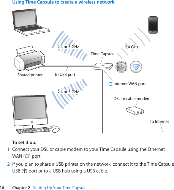 16 Chapter 2   Setting﻿Up﻿Your﻿Time﻿CapsuleUsing Time Capsule to create a wireless networkto InternetDSL or cable modemInternet WAN port&lt;Shared printerTime Capsuleto USB port2.4 GHz2.4 or 5 GHz2.4 or 5 GHzTo set it up:1  ConnectyourDSLorcablemodemtoyourTimeCapsuleusingtheEthernetWAN(&lt;)port.2  IfyouplantoshareaUSBprinteronthenetwork,connectittotheTimeCapsuleUSB(d)portortoaUSBhubusingaUSBcable.